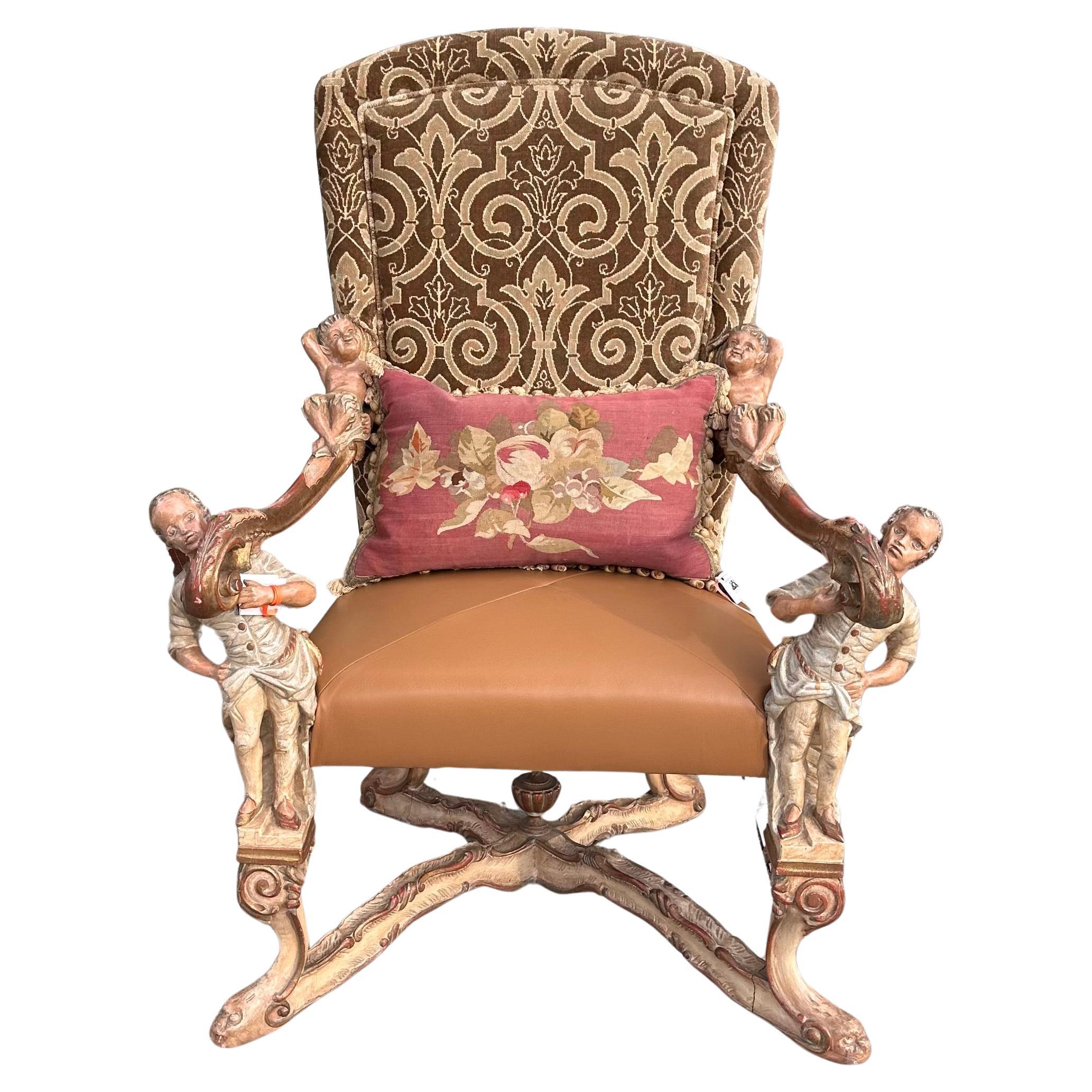 Antique 19th C Venetian Baroque Carved Arm Throne Chair After Andrea Brustolon For Sale