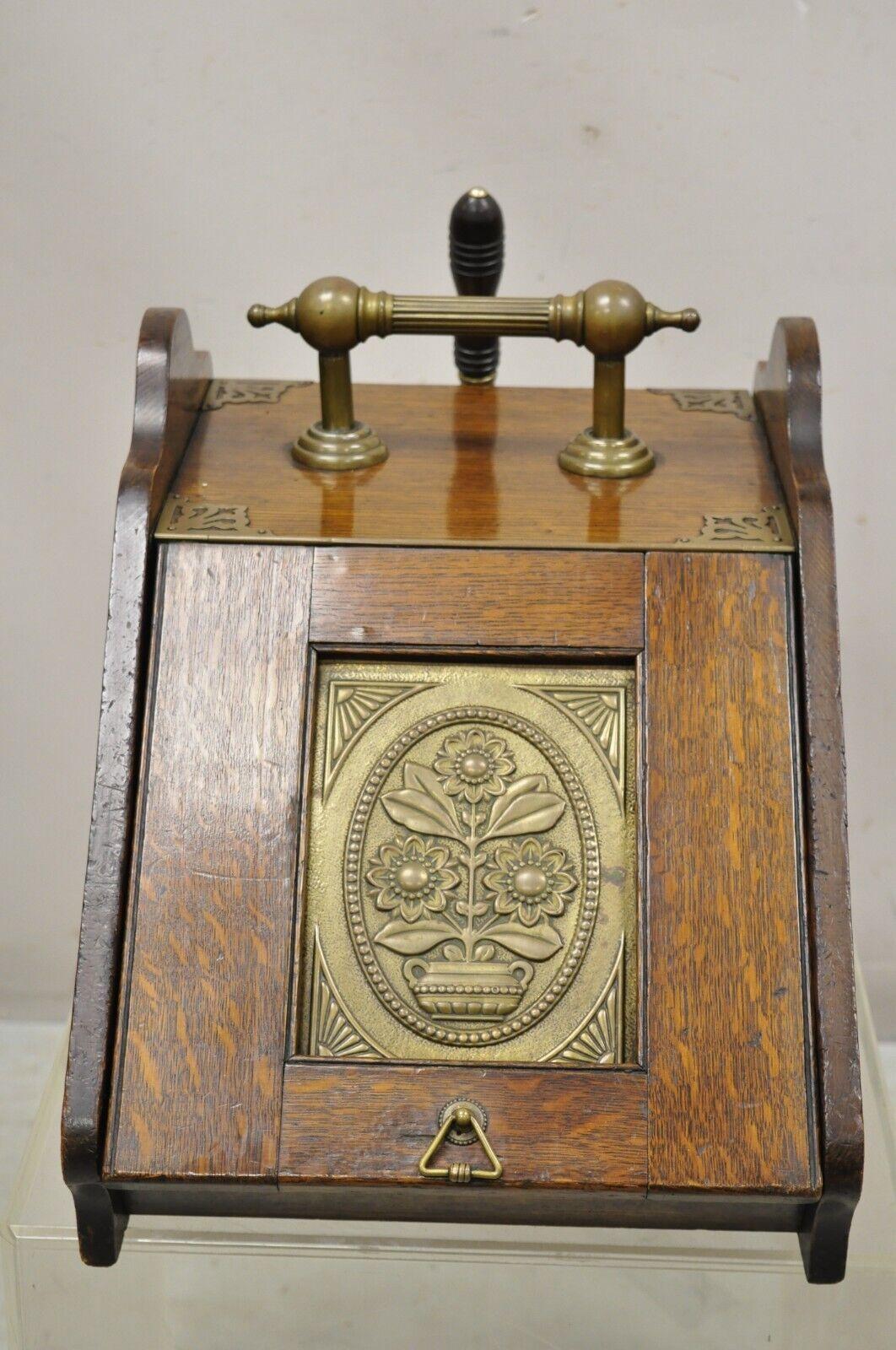 Antique 19th C Victorian and Brass Fireplace Scuttle Box Coal Bucket w/ Scoop. Item features floral debossed brass detail, original, brass shovel, with turn carved oak handle, removable metal liner. Circa 19th Century, Measurements: 14