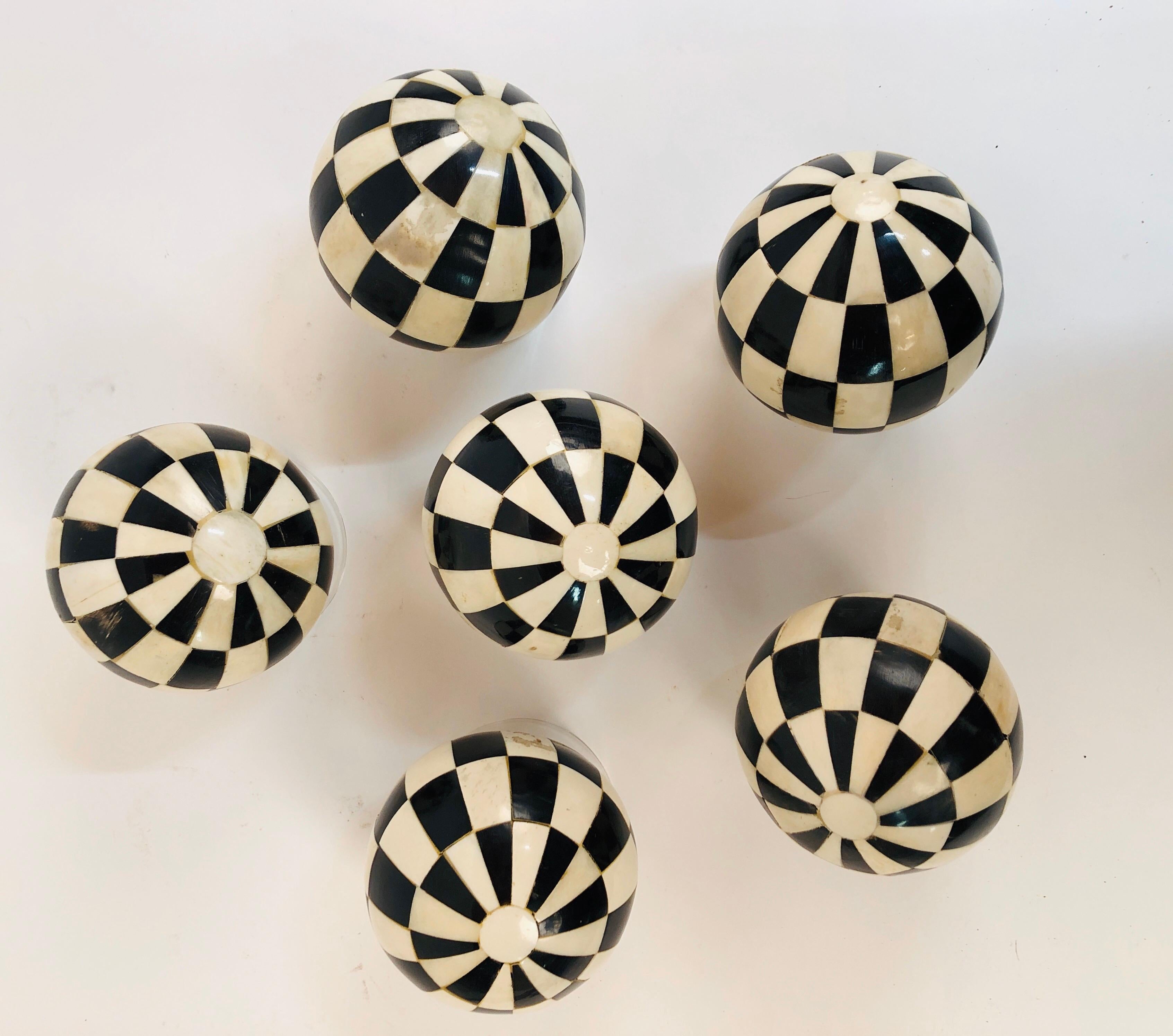 English 19th Century Victorian Black and White Bone and Horn Geometric Carpet Balls 