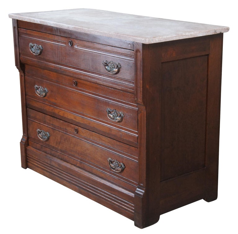 Antique 19th C Victorian Eastlake Walnut Marble 3 Drawer Chest