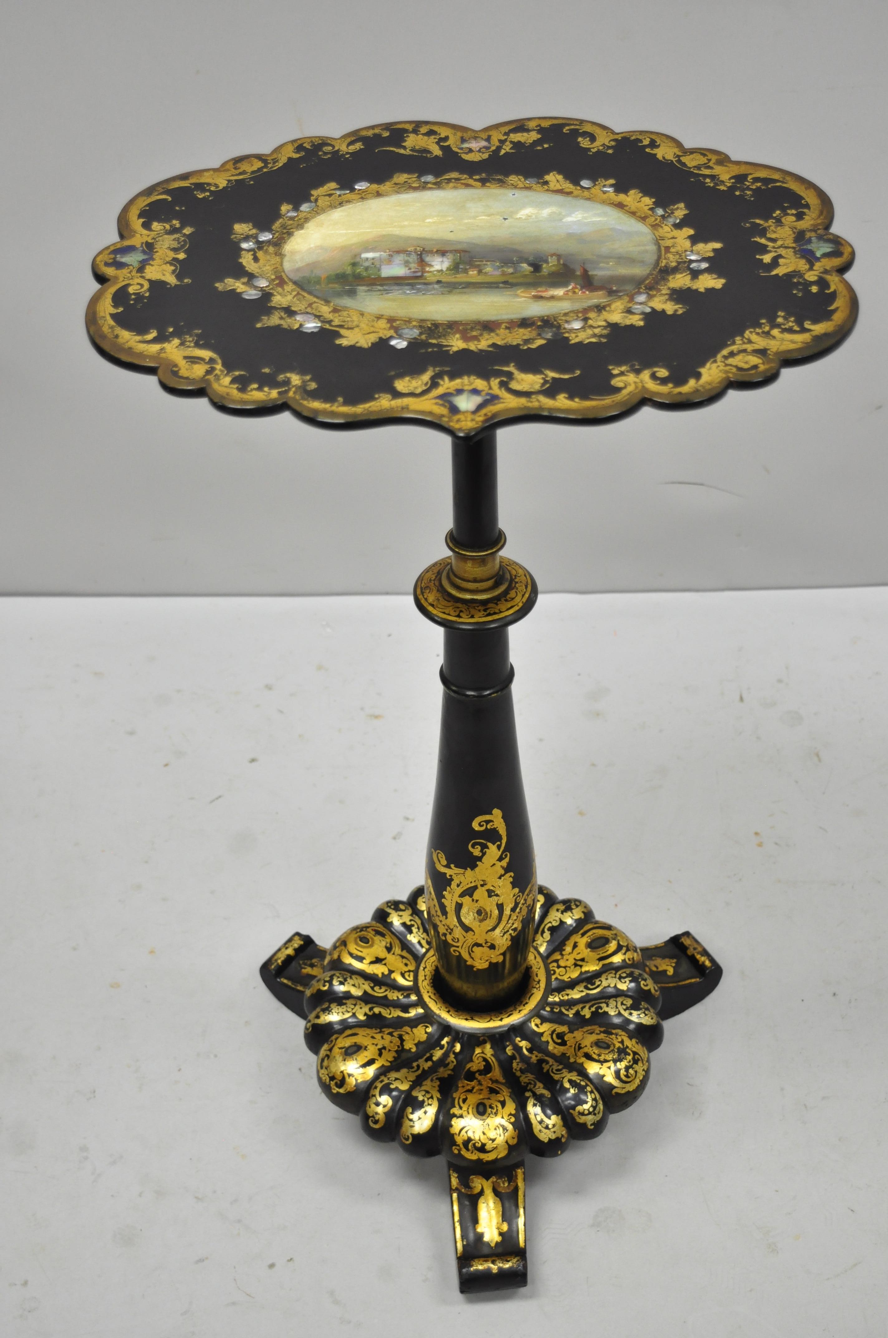 19th Century Victorian Papier Mache Mother of Pearl Inlay Pedestal Side Table For Sale 6