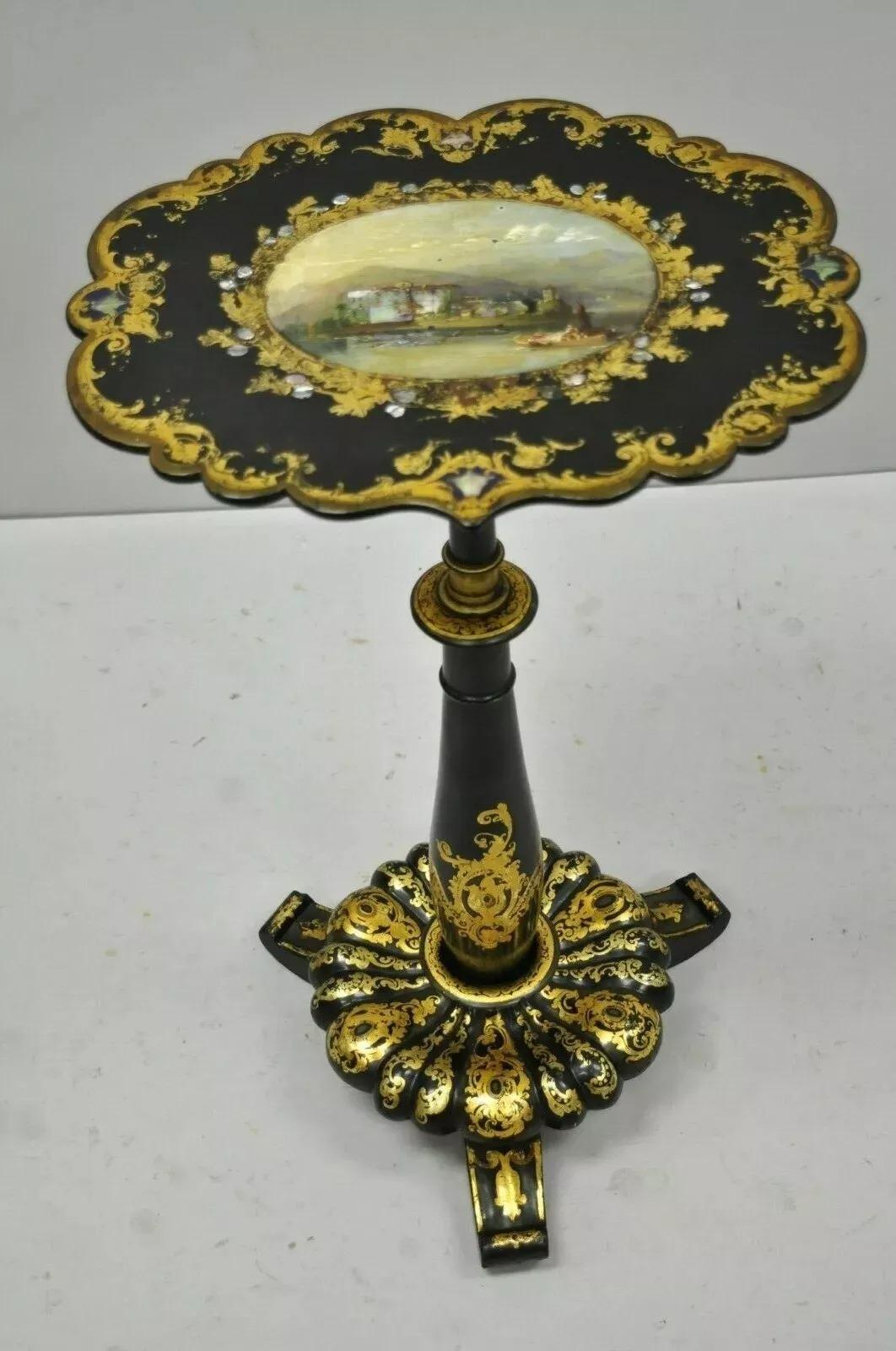 Antique A.Mach I.C. Victorian Papier Mache Mother of Pearl Inlay Pedestal Side Table en vente 4