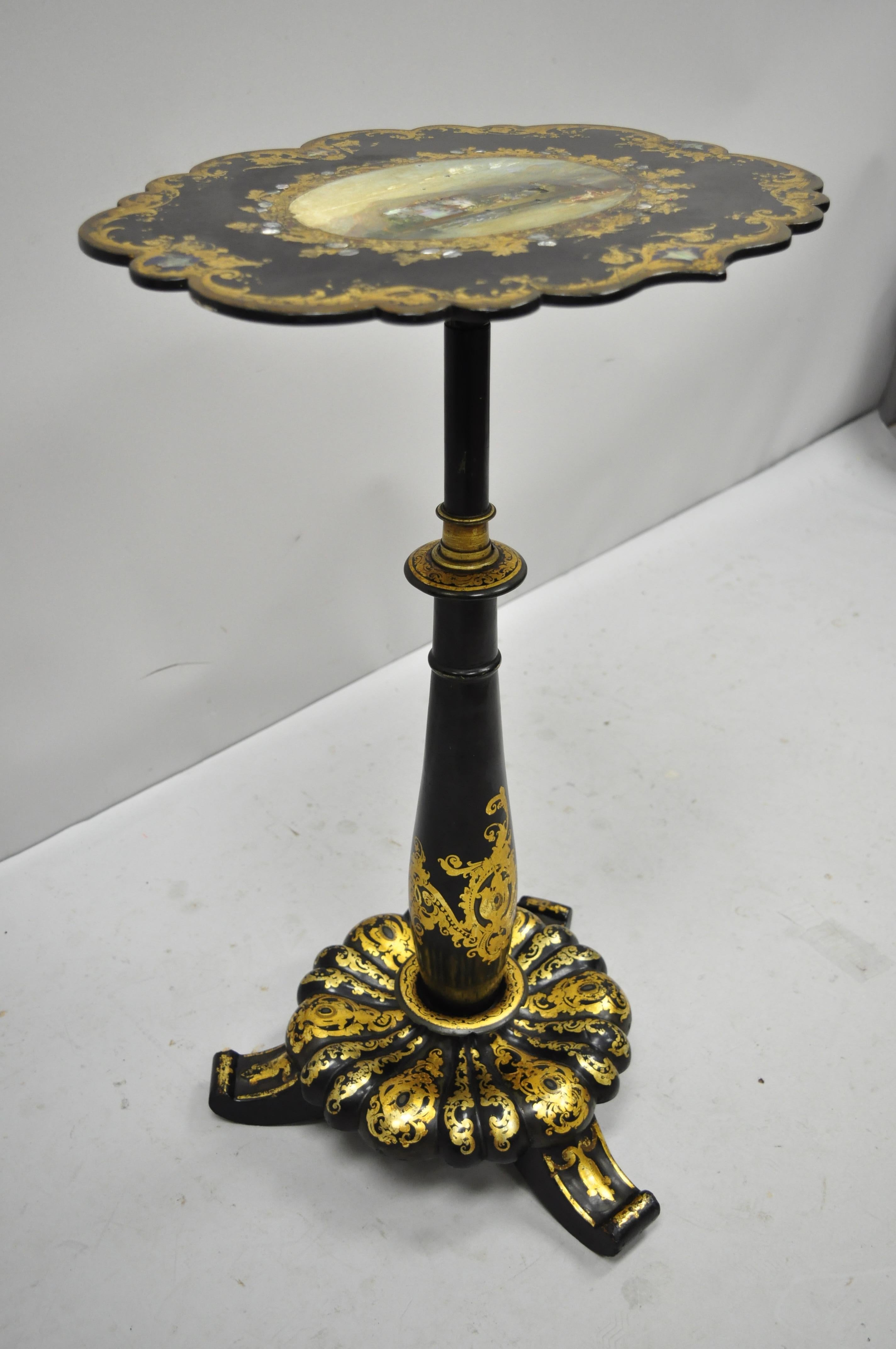 Mother-of-Pearl 19th Century Victorian Papier Mache Mother of Pearl Inlay Pedestal Side Table For Sale