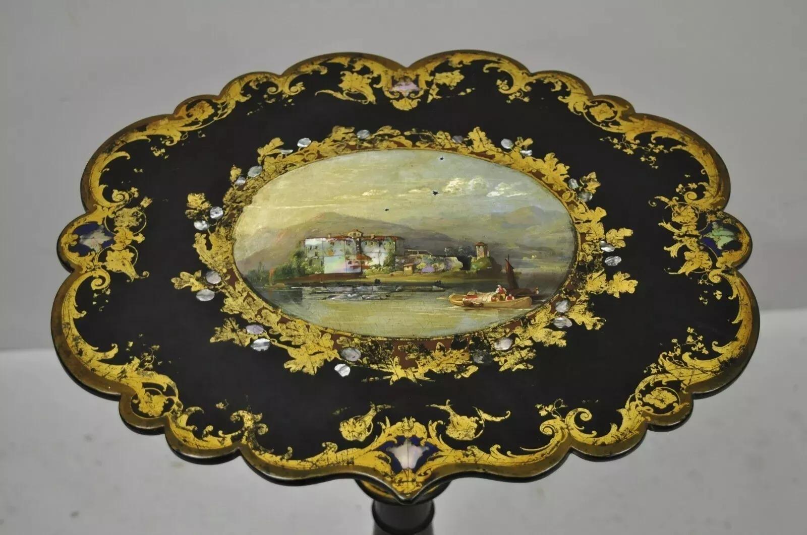 XIXe siècle Antique A.Mach I.C. Victorian Papier Mache Mother of Pearl Inlay Pedestal Side Table en vente