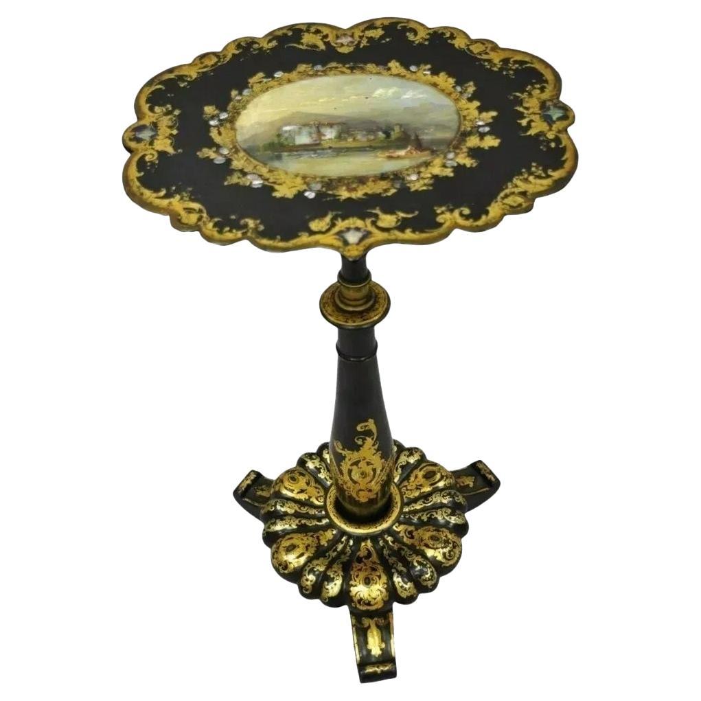 Antique A.Mach I.C. Victorian Papier Mache Mother of Pearl Inlay Pedestal Side Table
