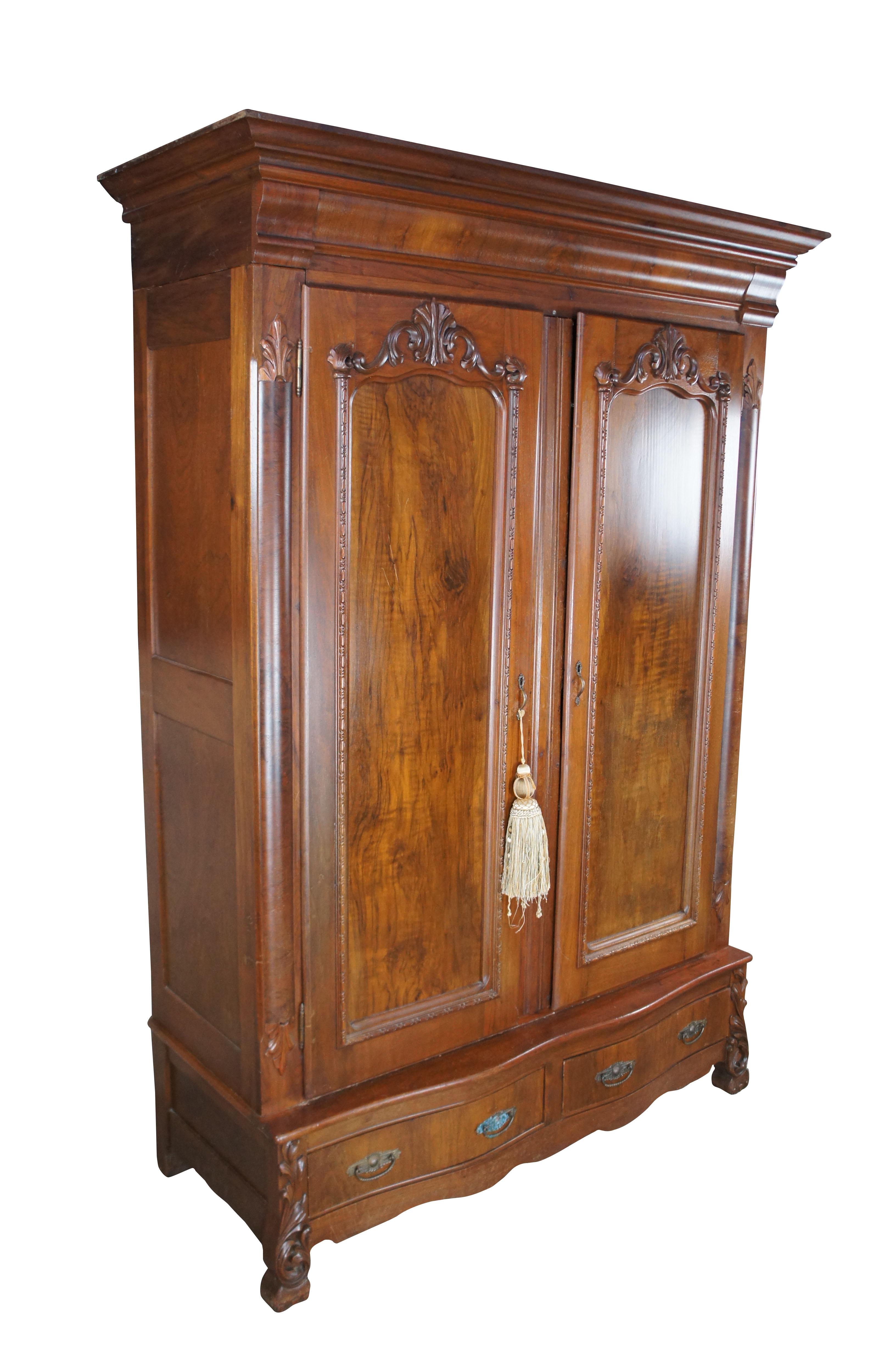 Late Victorian Antique 19th C. Victorian Serpentine Walnut Burl Knockdown Armoire Wardrobe