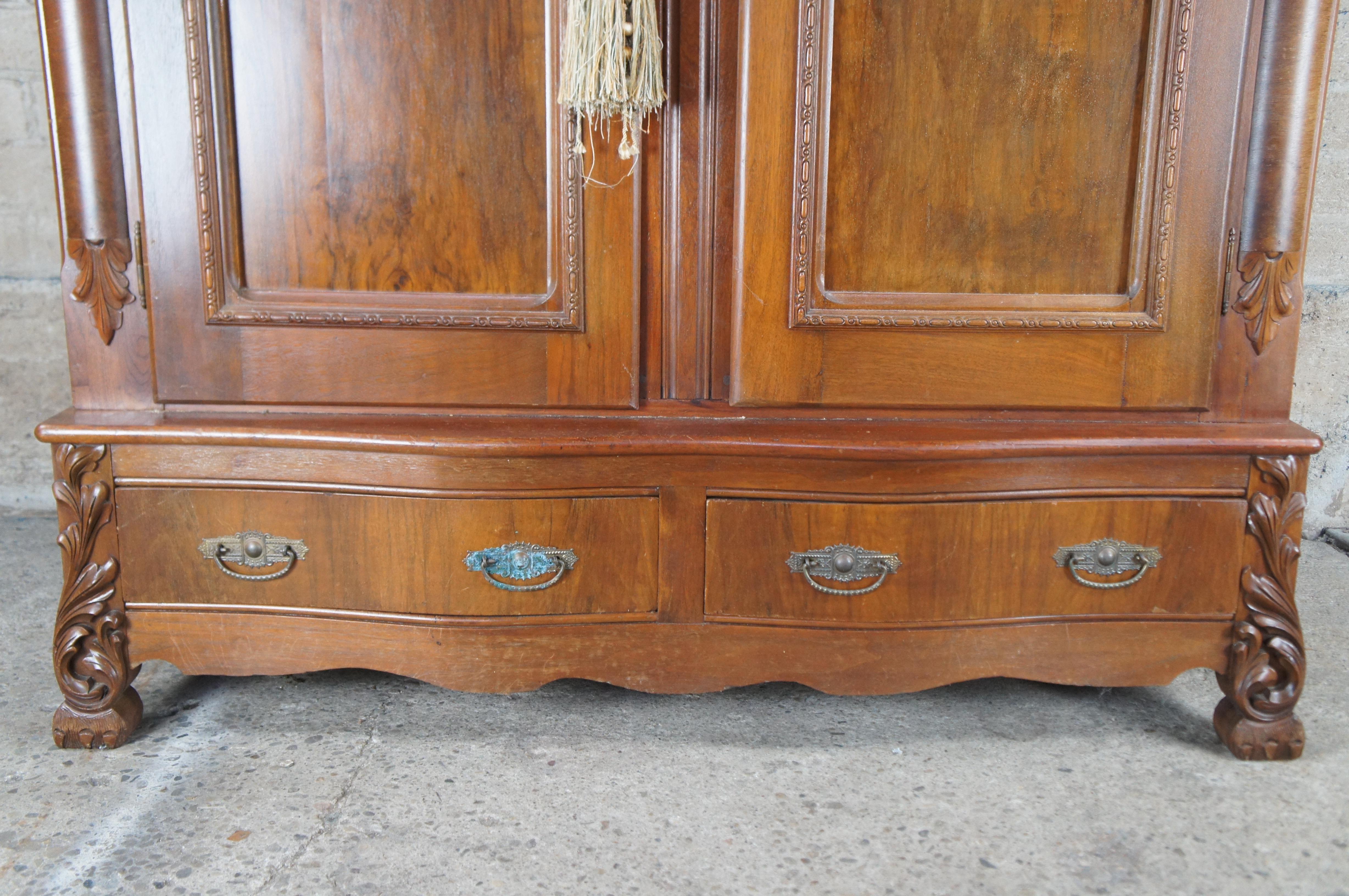 Antique 19th C. Victorian Serpentine Walnut Burl Knockdown Armoire Wardrobe In Good Condition In Dayton, OH