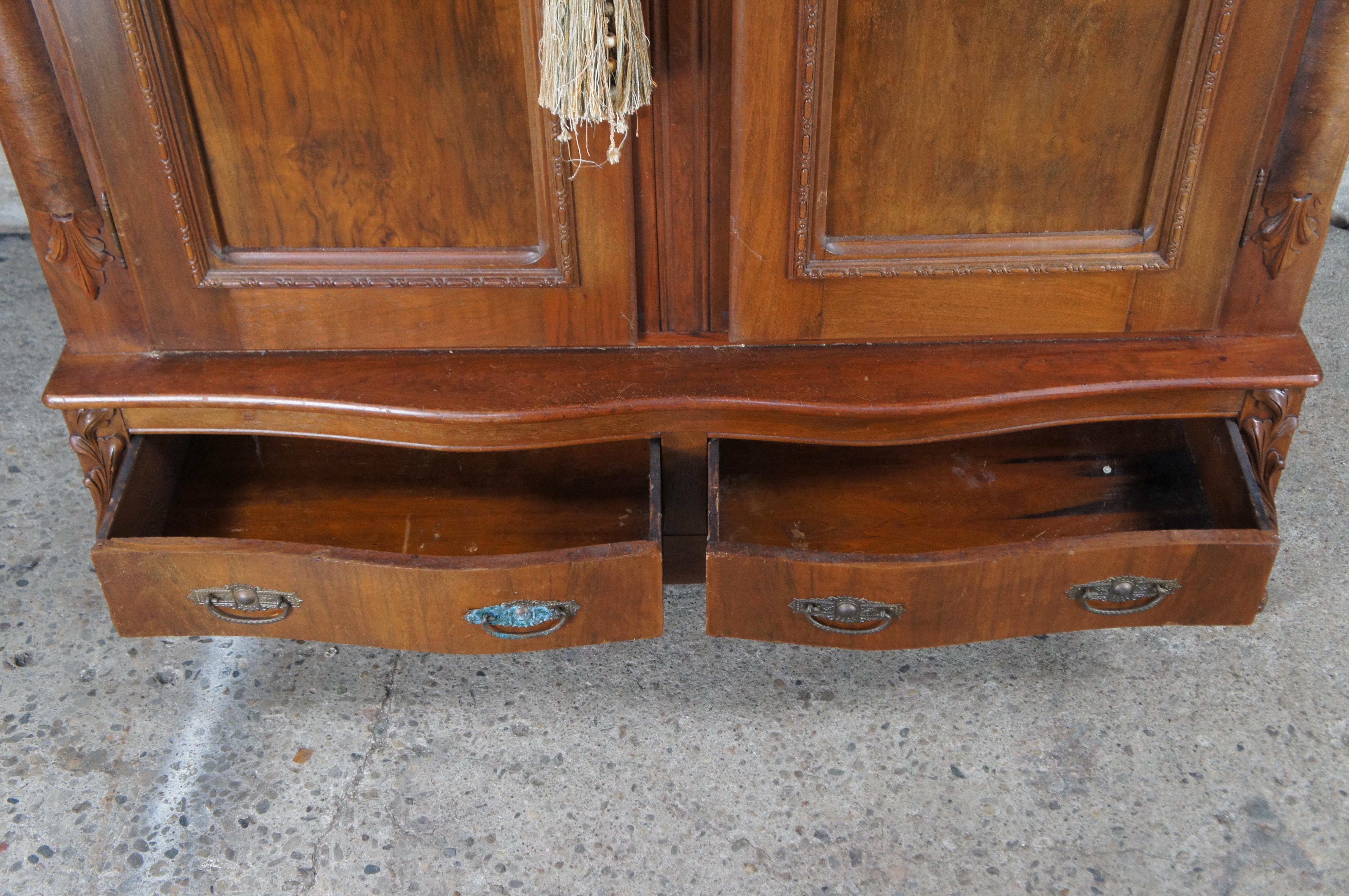 Antique 19th C. Victorian Serpentine Walnut Burl Knockdown Armoire Wardrobe 2