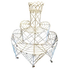 Antique 19th C Victorian White Wire Metal 3 Tier Half Round Garden Plant Stand