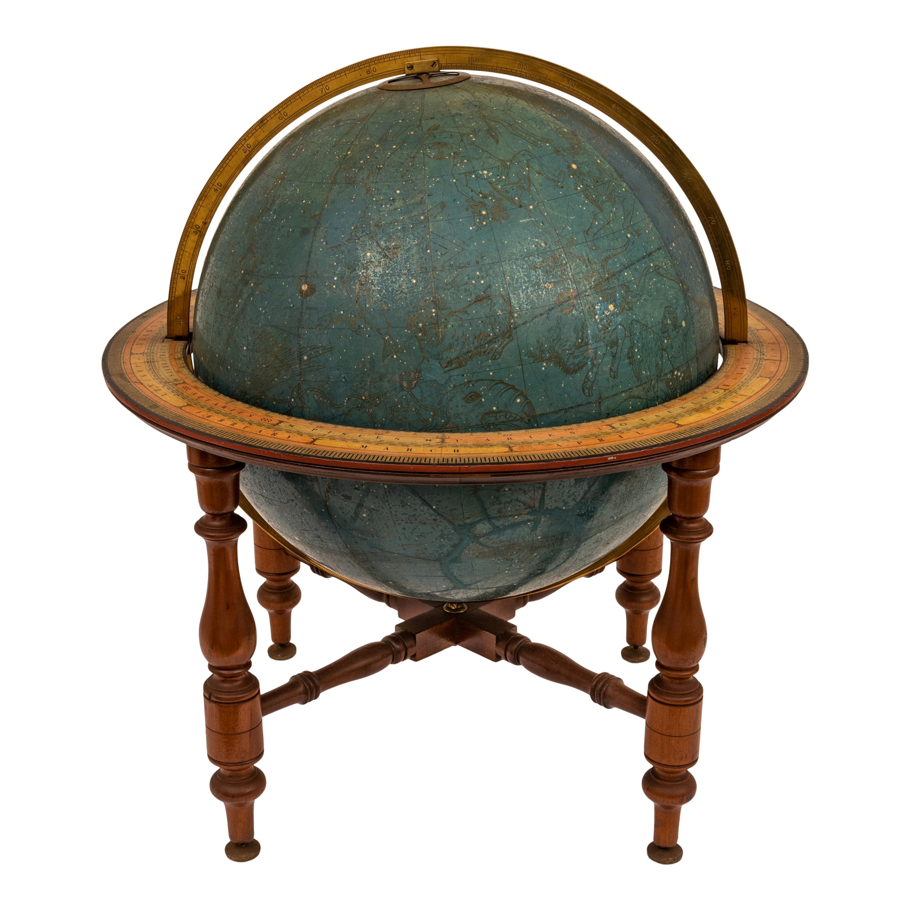 A very fine antique Celestial floor globe on stand by W. & A.K. Johnston, 1879.

Representation of stars and constellations as they would appear on a sphere (Celestial sphere) of infinite radius with the Earth at the center. Given a particular time