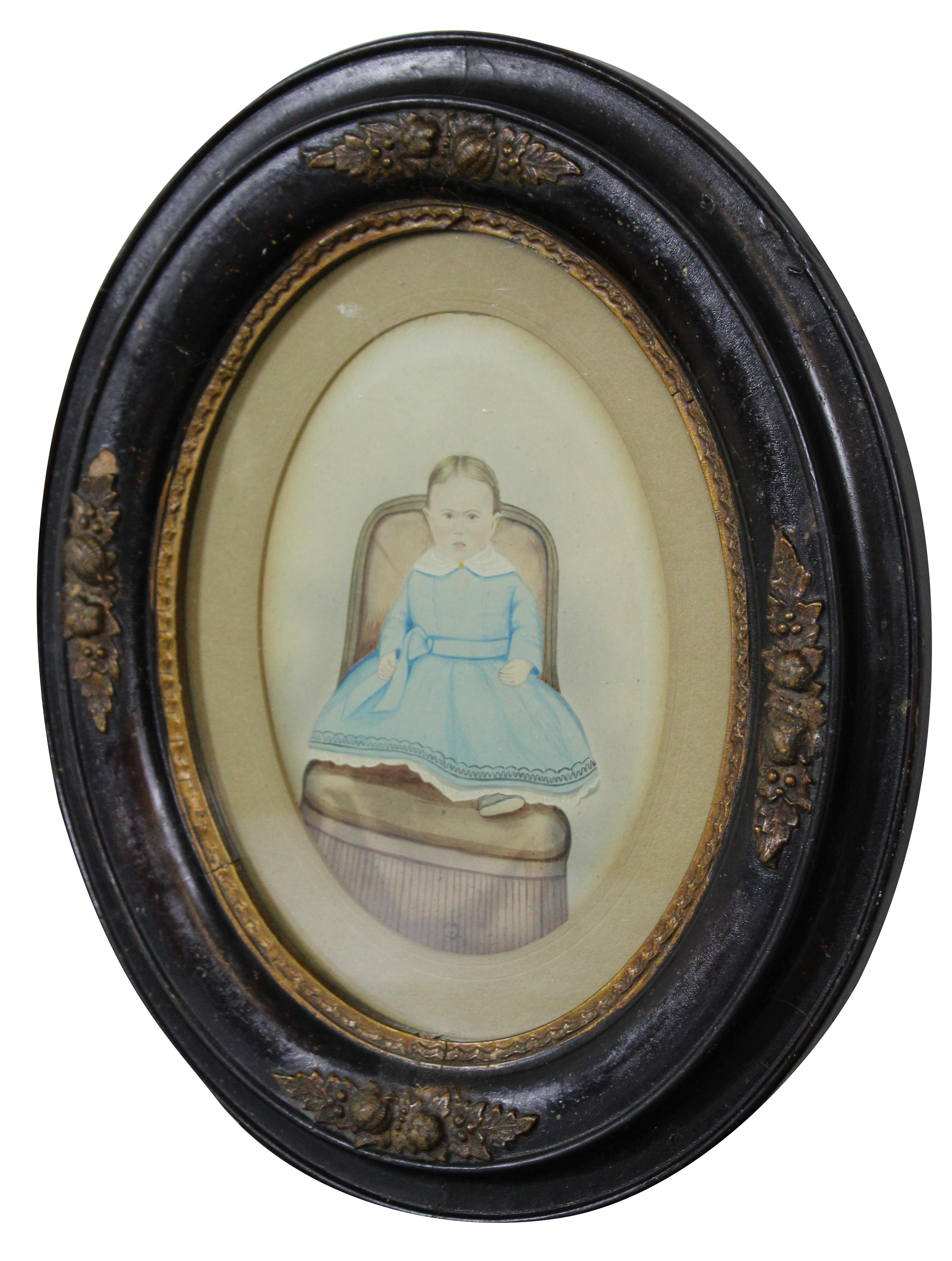 Antique Victorian watercolor portrait painting of an infant in a blue dress seated on a chair, circa 19th century. Framed in an oval setting with a dark wood frame with gold trim. 

Measures: 12” x 1” x 14.25” / Sans Frame - 5.5” x 7.5” (Width x