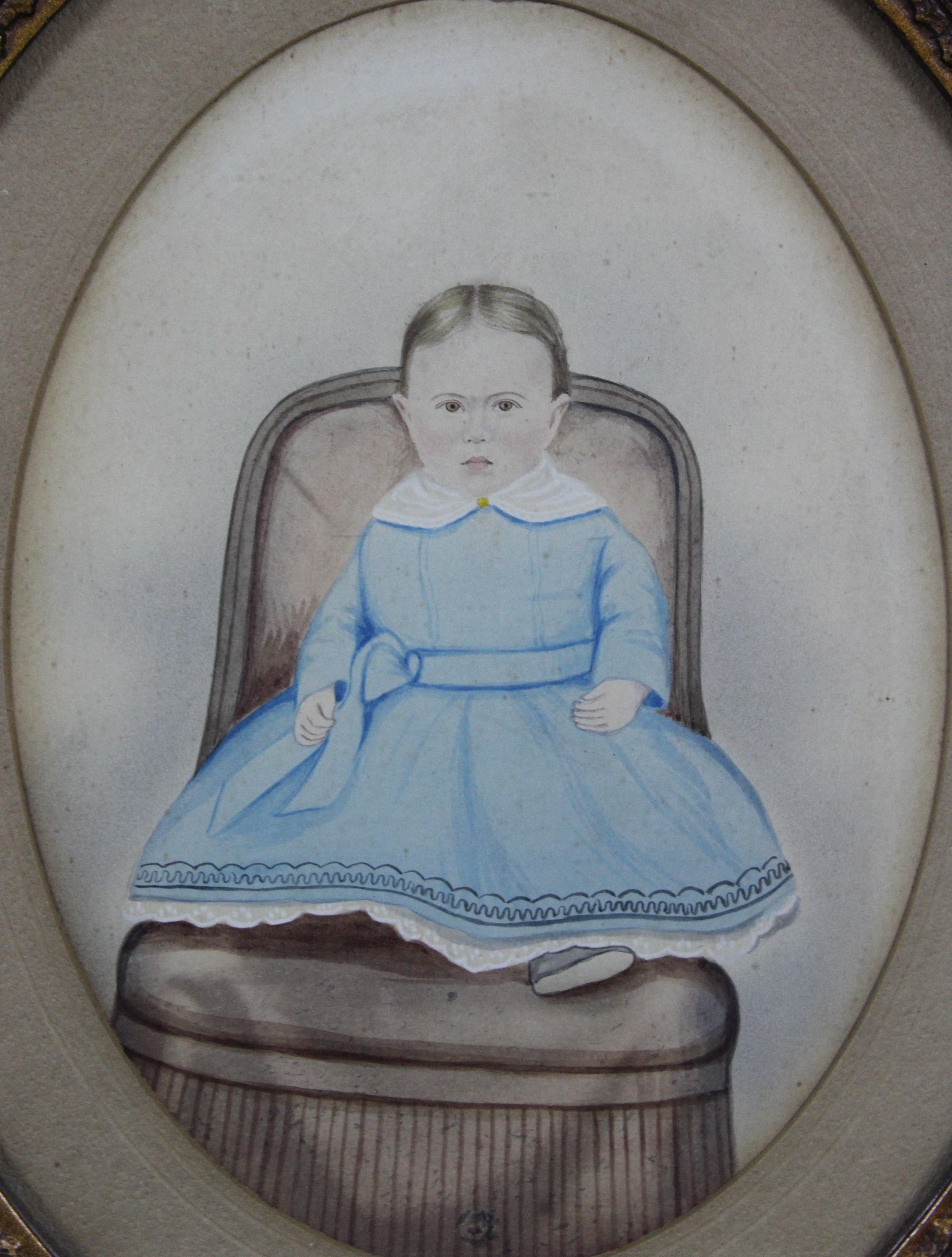 Antique 19th C. Watercolor Portrait Painting Young Child Baby in Blue Dress In Good Condition In Dayton, OH