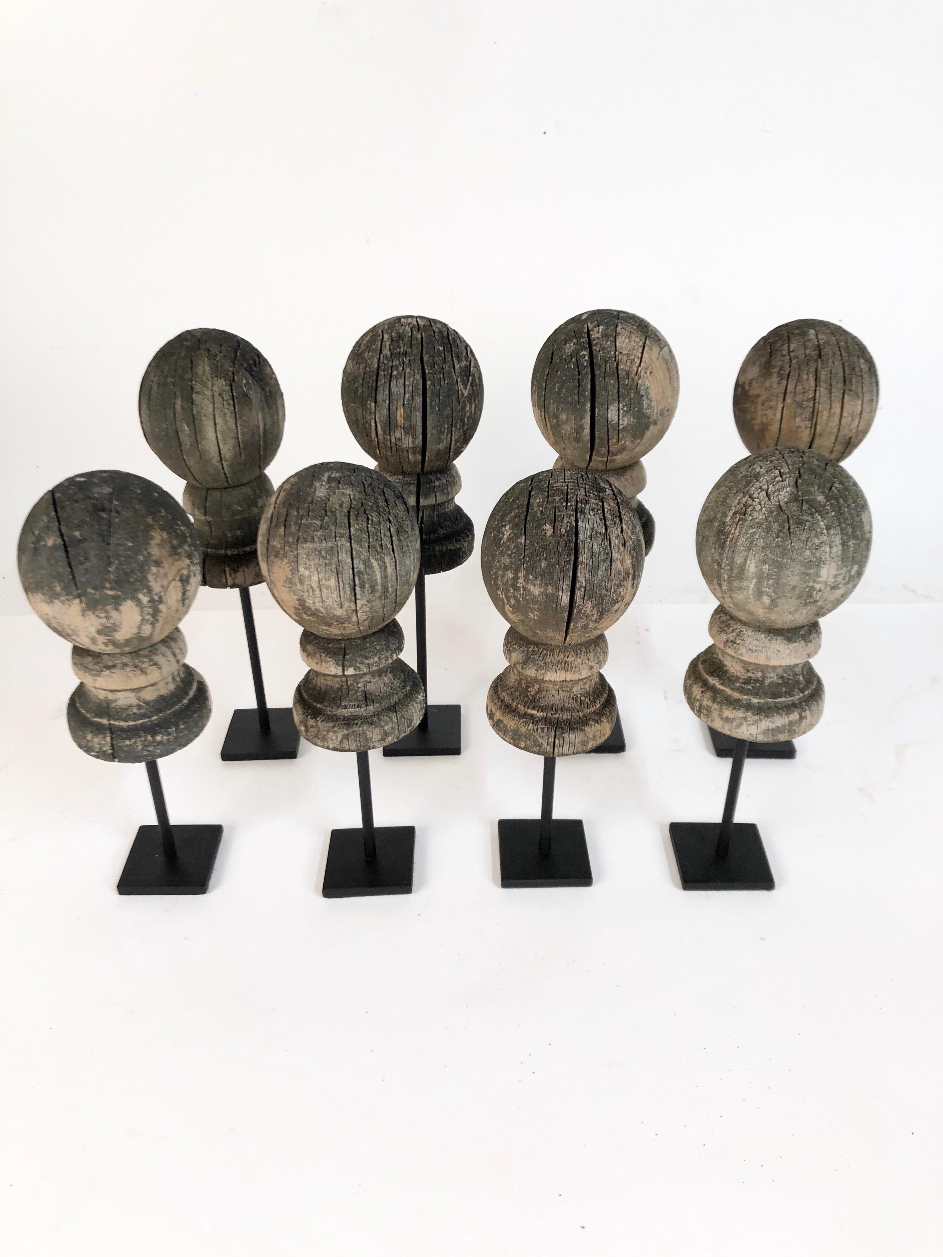 American Colonial Antique 19th Century Weathered Wooden Finial Collection '8' on Stands 