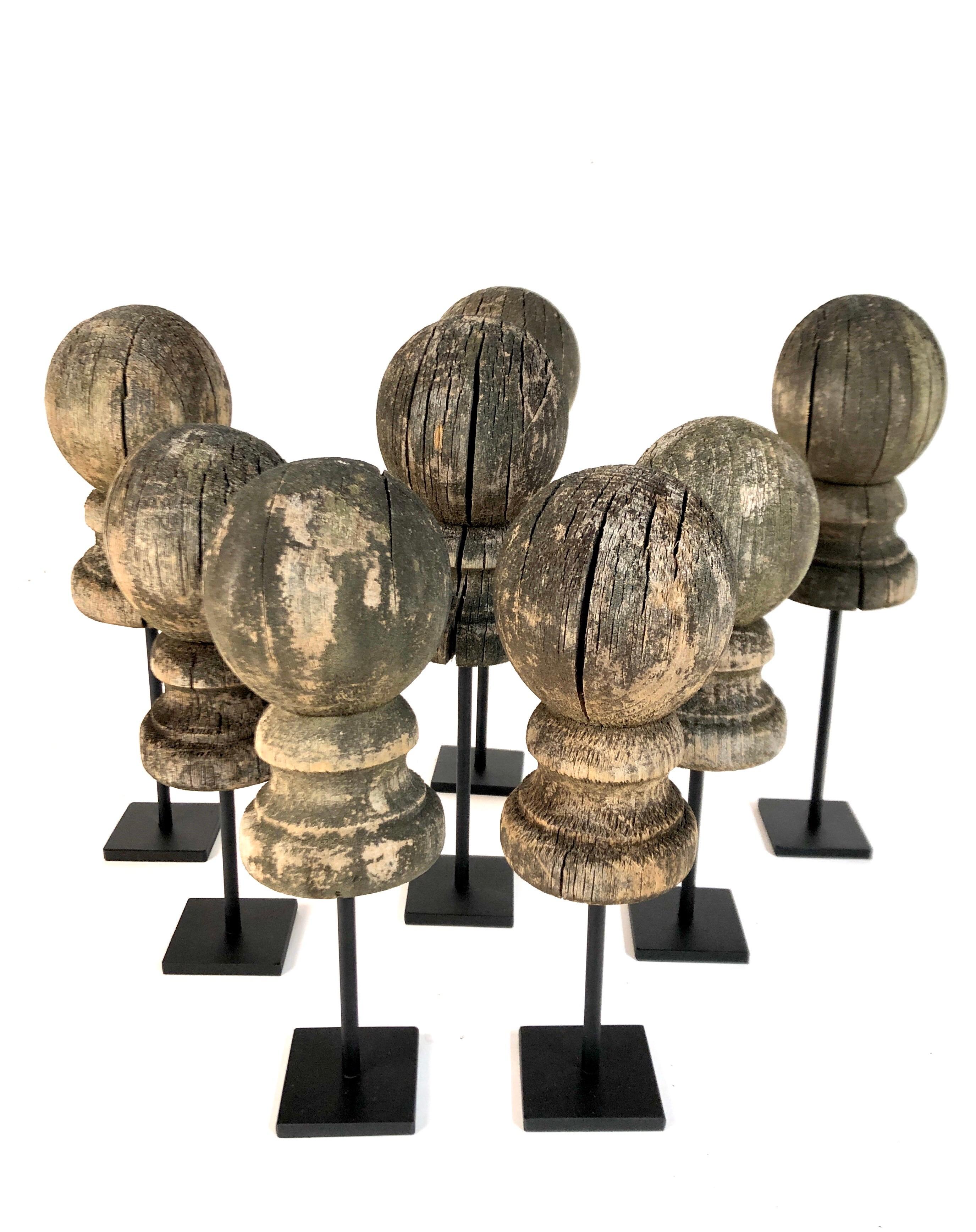 American Antique 19th Century Weathered Wooden Finial Collection '8' on Stands 
