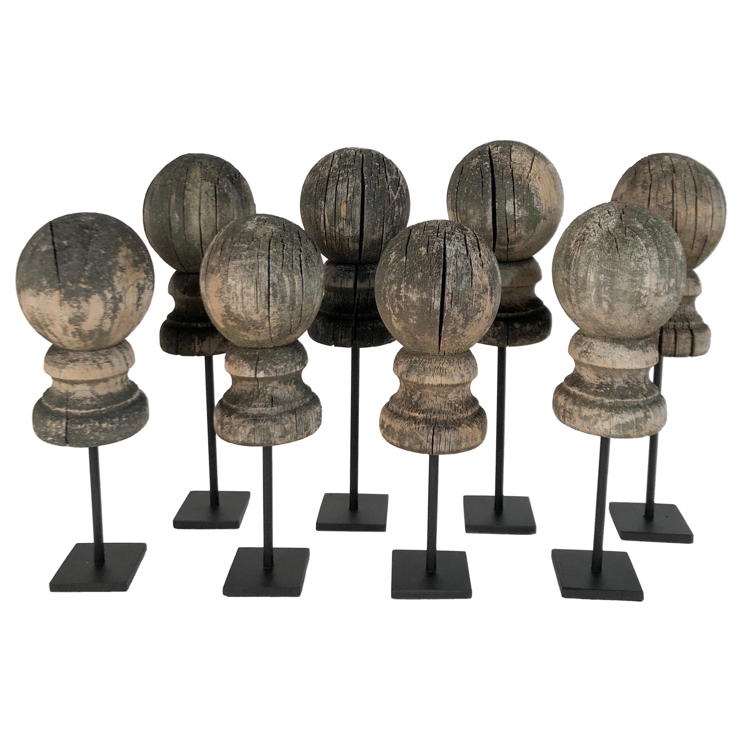 Antique 19th Century Weathered Wooden Finial Collection '8' on Stands 