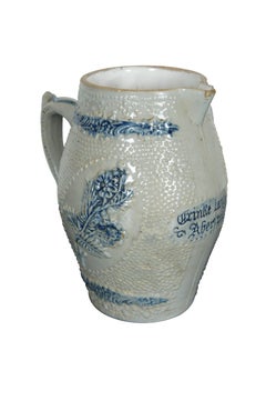 Antique 19th C. Whites Utica Stoneware Blue Salt Glaze Pitcher Daisy Prosit 9"