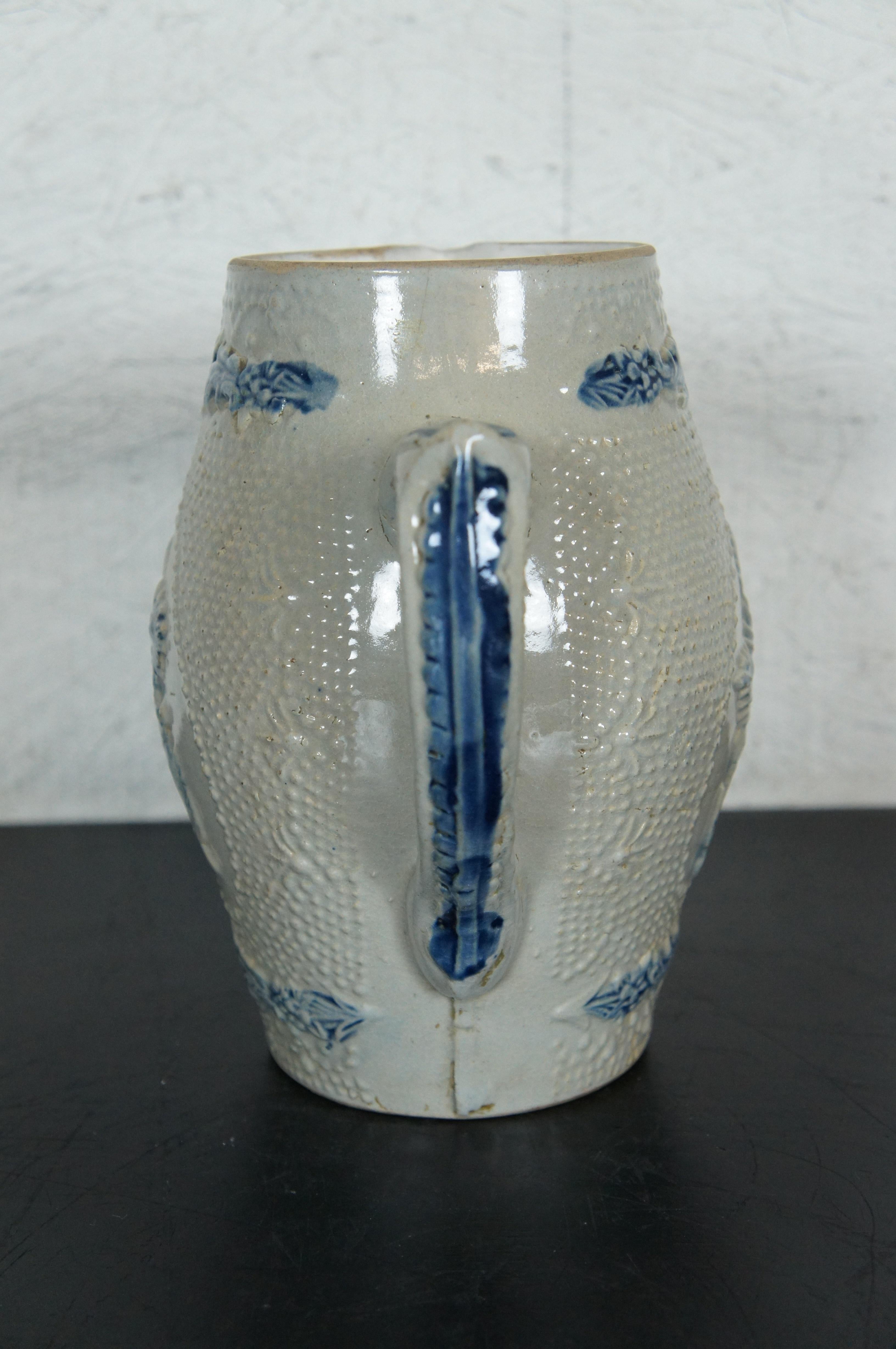 19th Century Antique 19th C. Whites Utica Stoneware Blue Salt Glaze Pitcher Daisy Prosit 9
