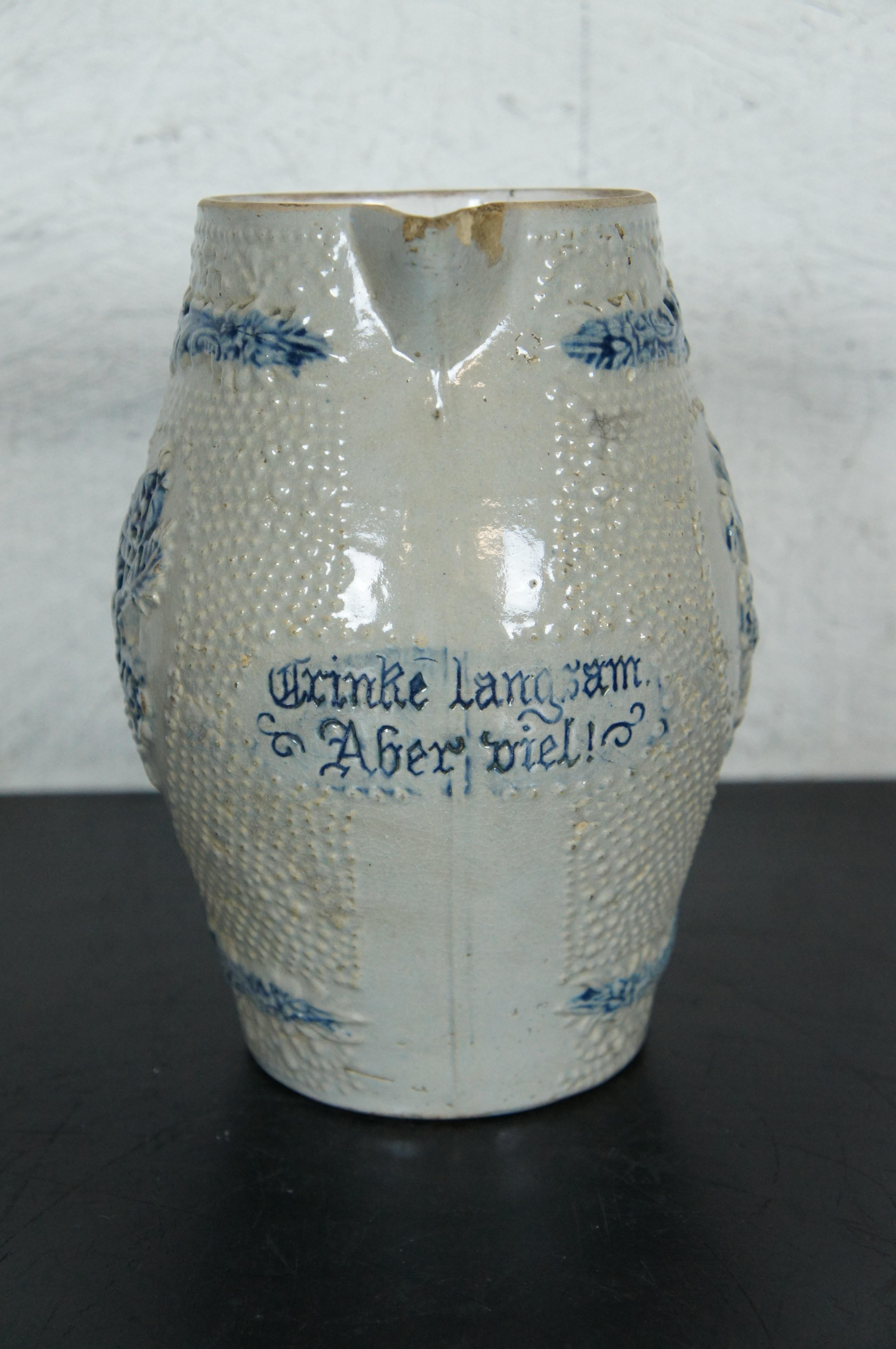 Antiker blauer Salzglasur-Krug aus Utica-Steinzeug in Weiß, 19. Jahrhundert, Gänseblümchen Prosit, 9