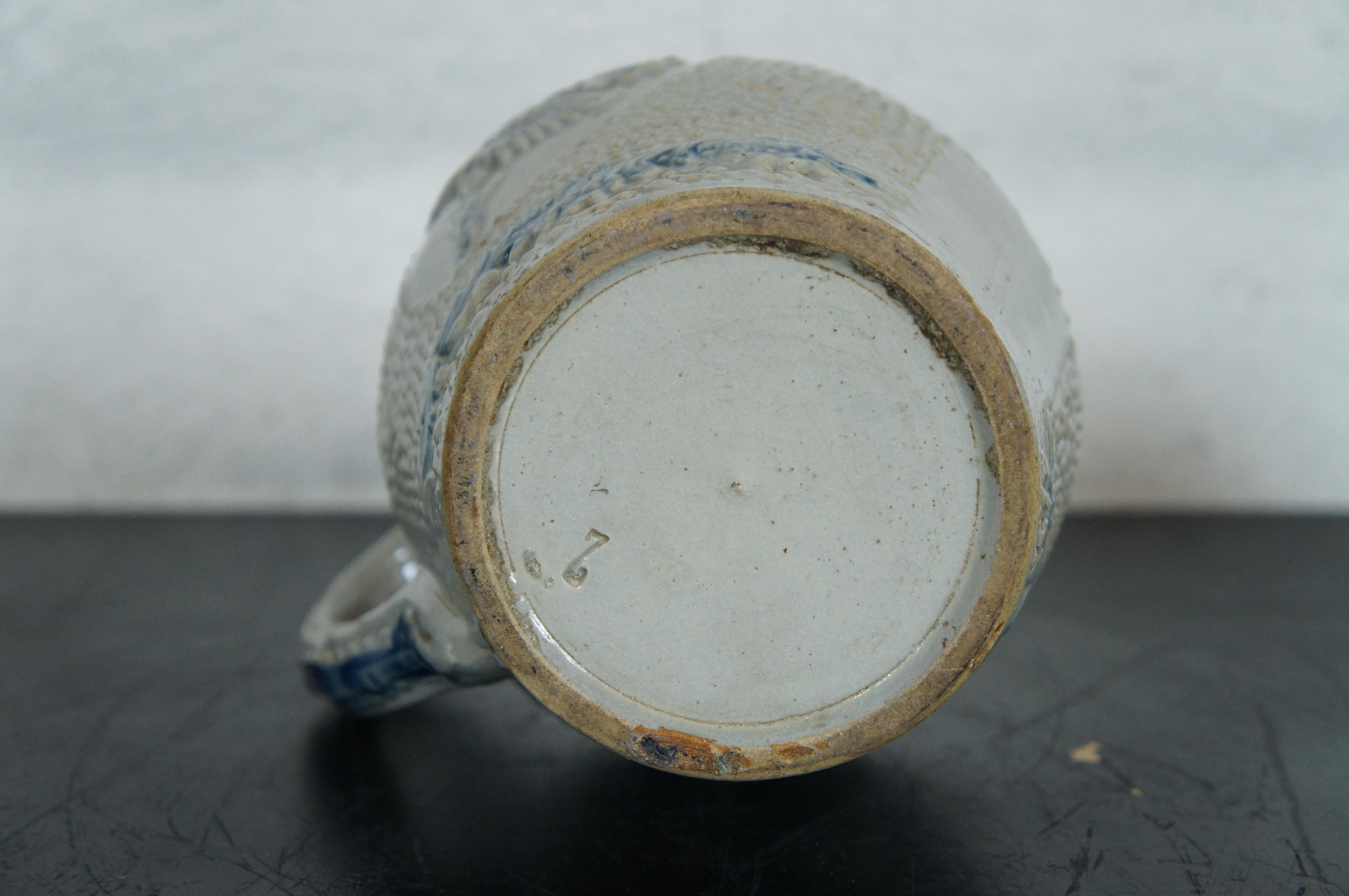 Antique 19th C. Whites Utica Stoneware Blue Salt Glaze Pitcher Daisy Prosit 9