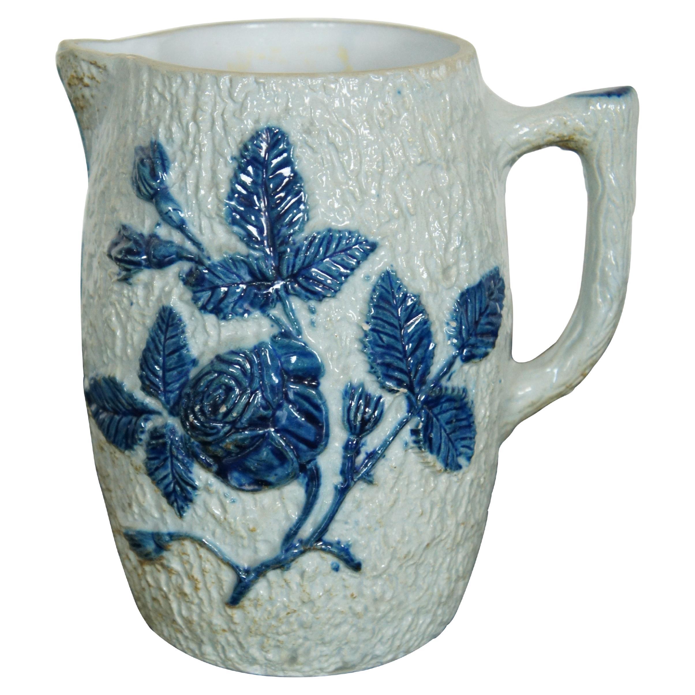 Antique 19th C. Whites Utica Stoneware Blue Salt Glaze Pitcher Daisy Prosit 9" For Sale