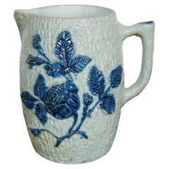 Antique 19th C. Whites Utica Stoneware Blue Salt Glaze Pitcher Daisy Prosit 9"