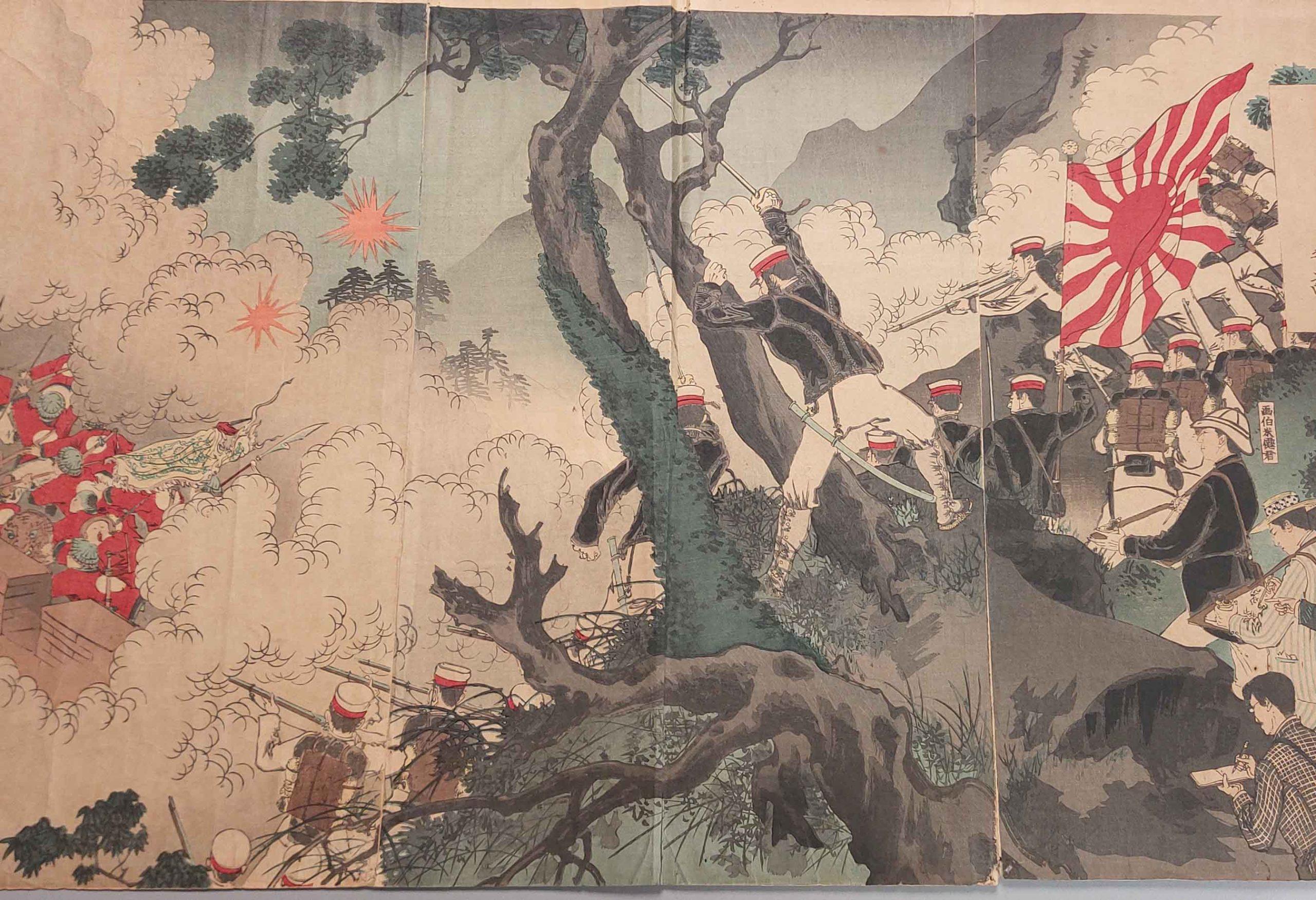 Antica stampa su legno del XIX secolo di Mizuno Toshikata - Battaglia Sino-Giapponese_di_Son. In condizioni buone in vendita a Amsterdam, Noord Holland