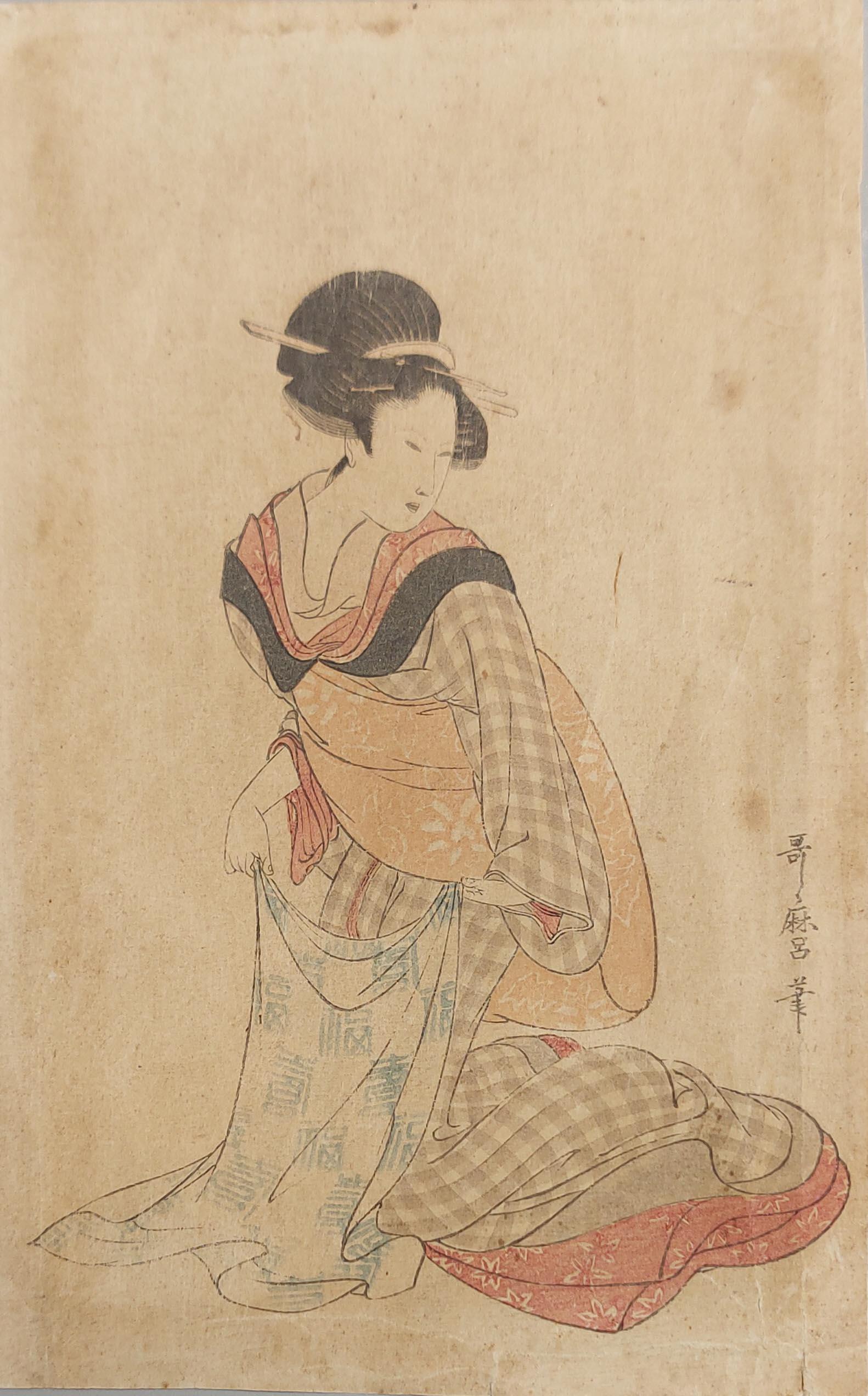 Meiji Stampa antica su legno del XIX secolo - Kitagawa Utamuro - Nyobo no aiko in vendita