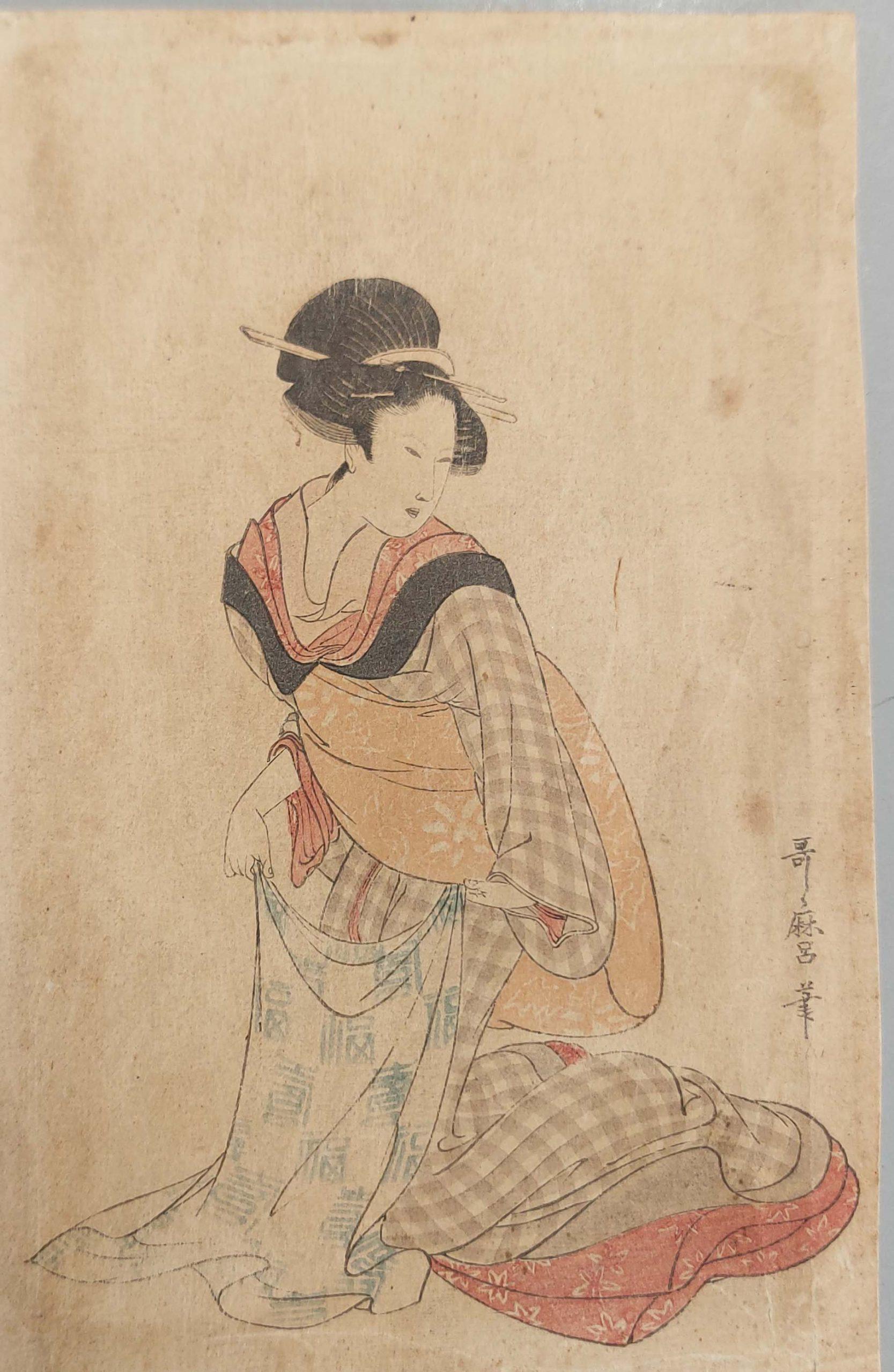 Cloisonné Stampa antica su legno del XIX secolo - Kitagawa Utamuro - Nyobo no aiko in vendita