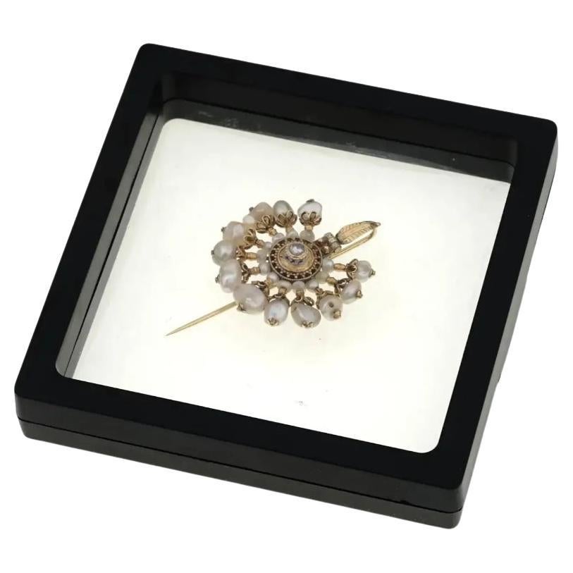 Antique 19th Cent Gold Natural Pearl Diamond Pin For Sale