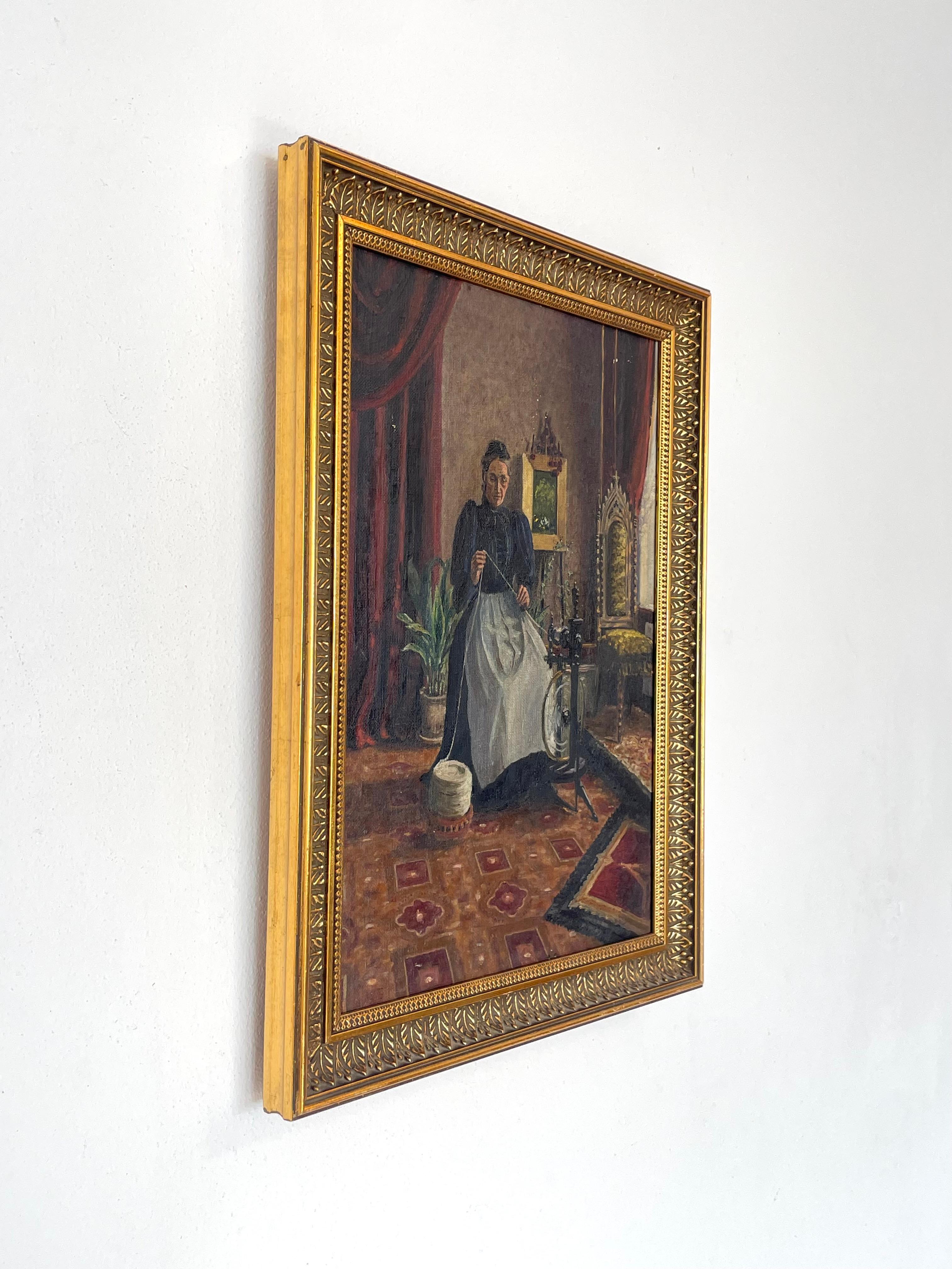 Peinture à l'huile ancienne du Danemark du 19e siècle représentant une femme au rouet en vente 5