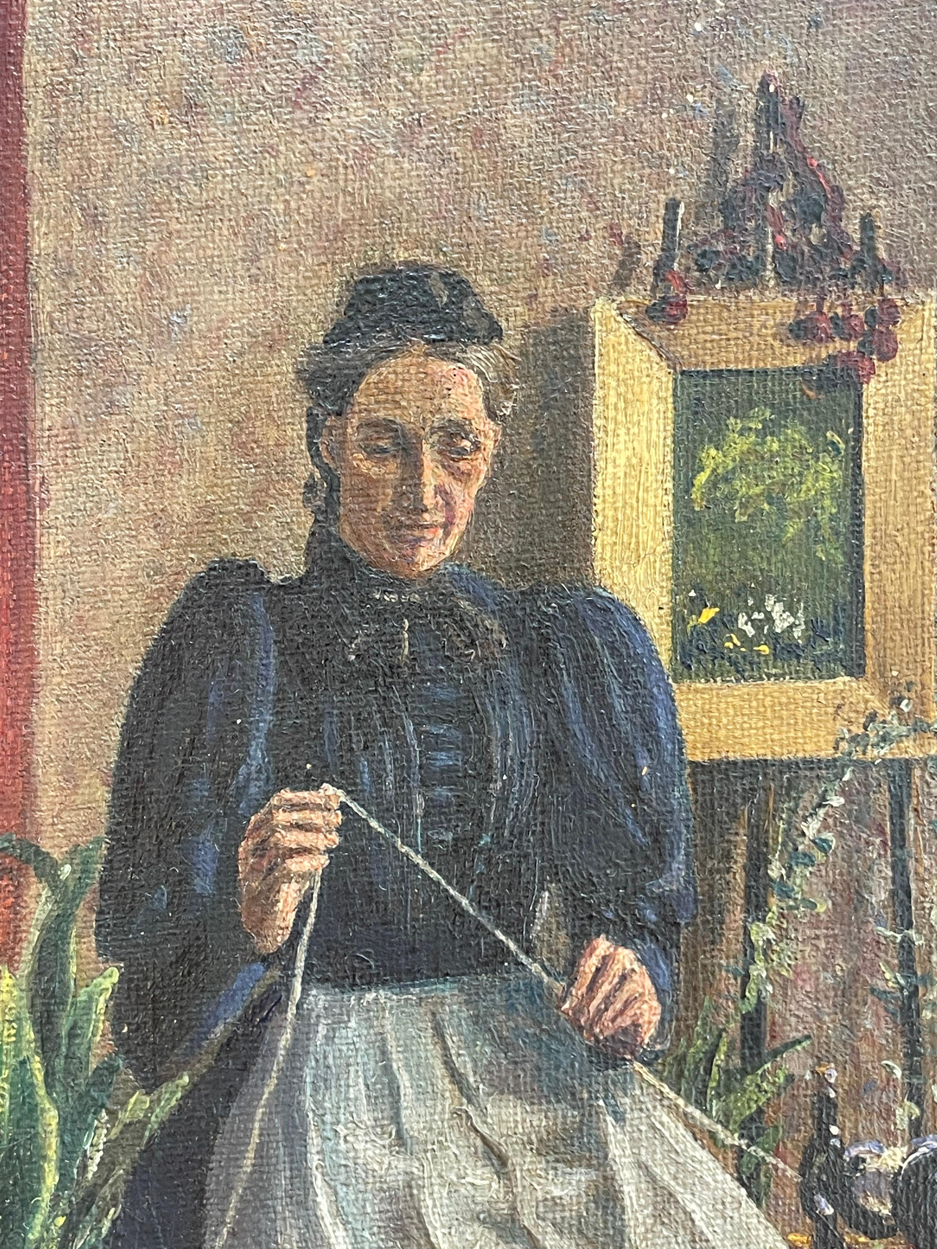 Art déco Peinture à l'huile ancienne du Danemark du 19e siècle représentant une femme au rouet en vente