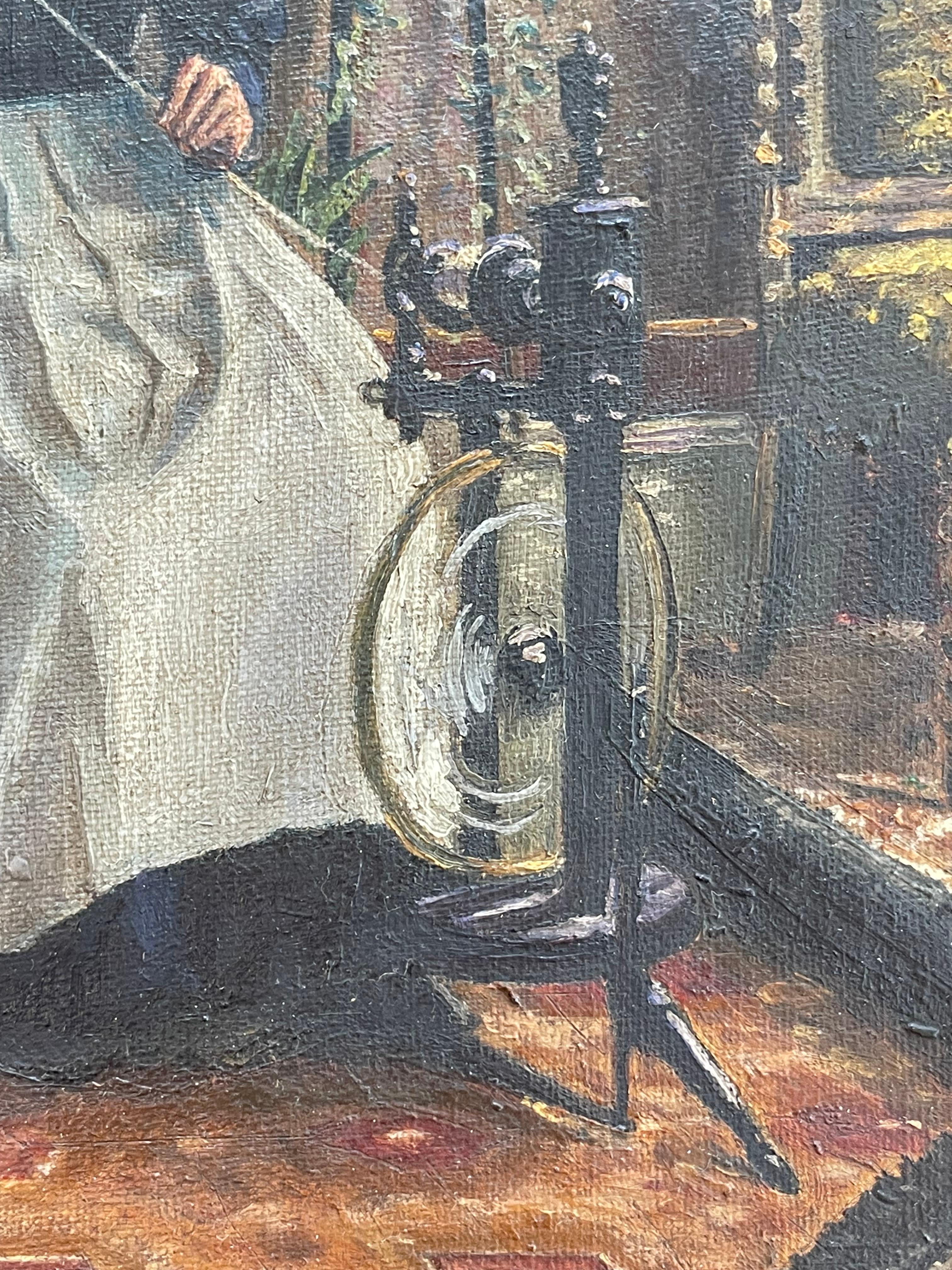 Danois Peinture à l'huile ancienne du Danemark du 19e siècle représentant une femme au rouet en vente