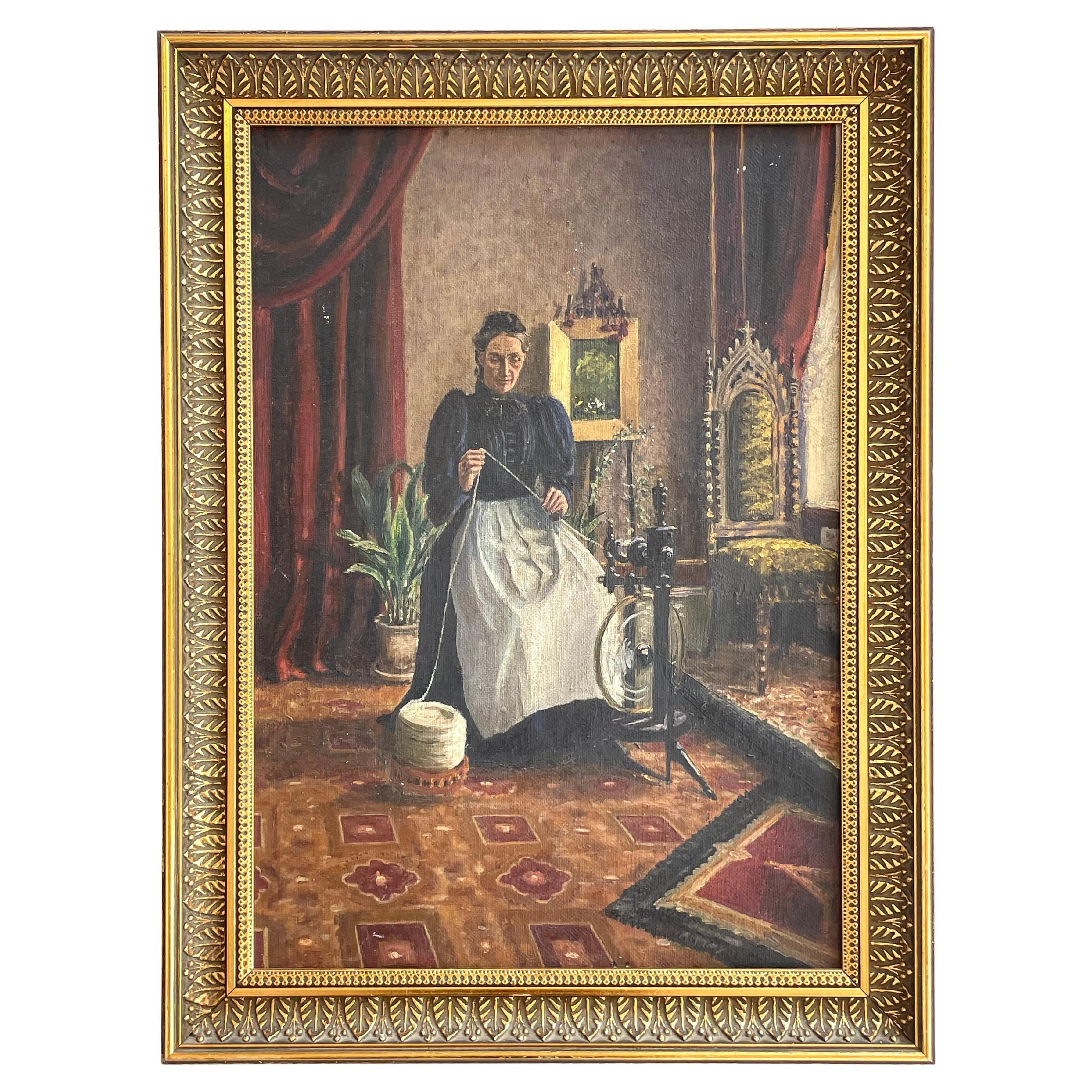 Peinture à l'huile ancienne du Danemark du 19e siècle représentant une femme au rouet