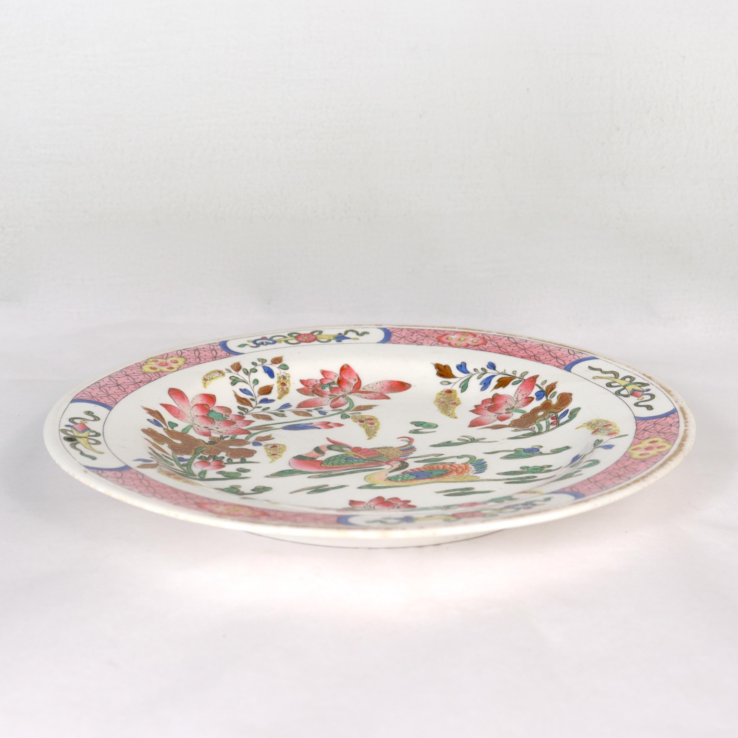 George III Antique 19th Century Spode English Porcelain Pink Ducks Pattern Desert Plate For Sale