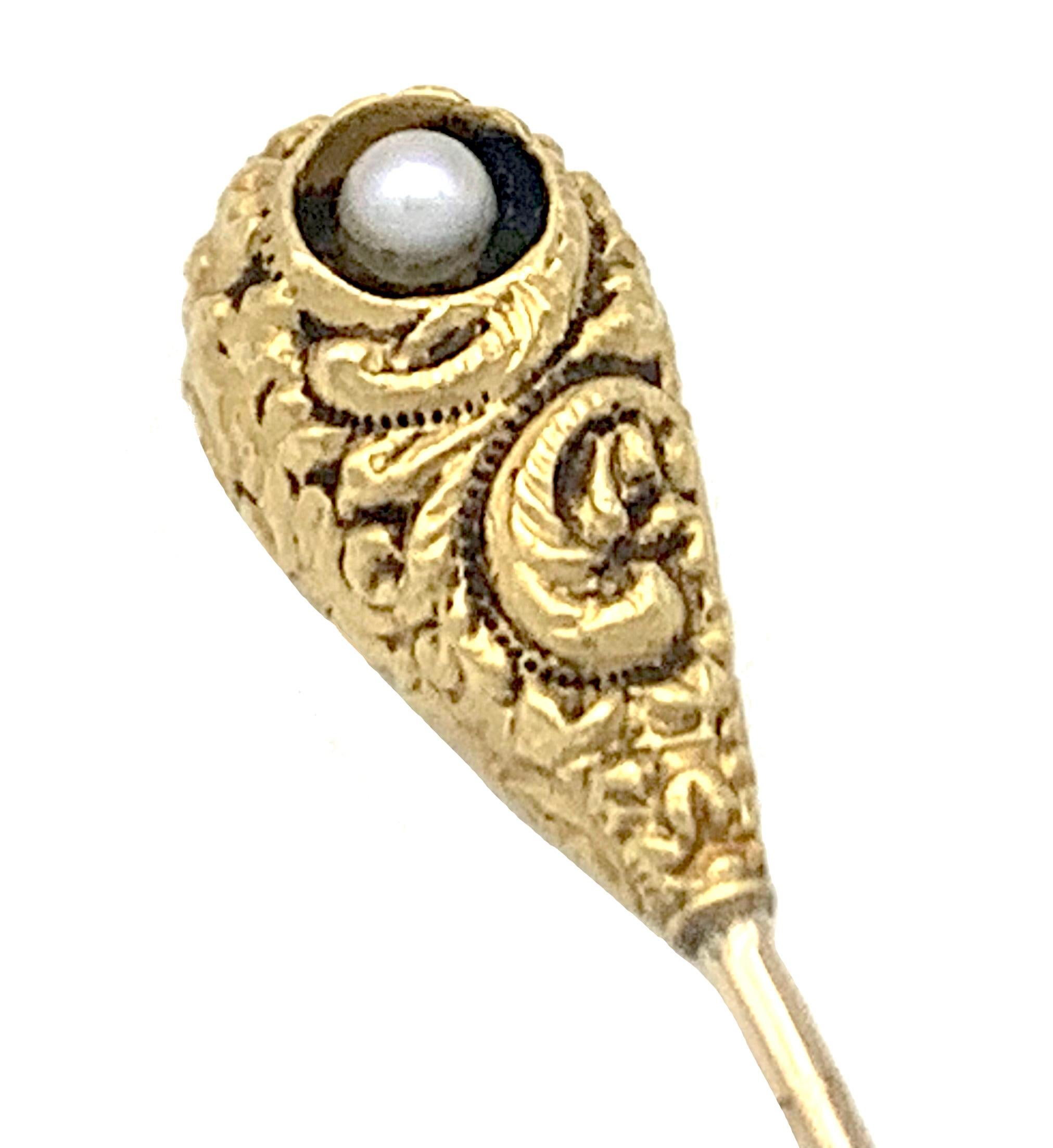 Bead Antique 19th Century 14K Yellow Gold Stickpin Tie Pin Pearl  For Sale