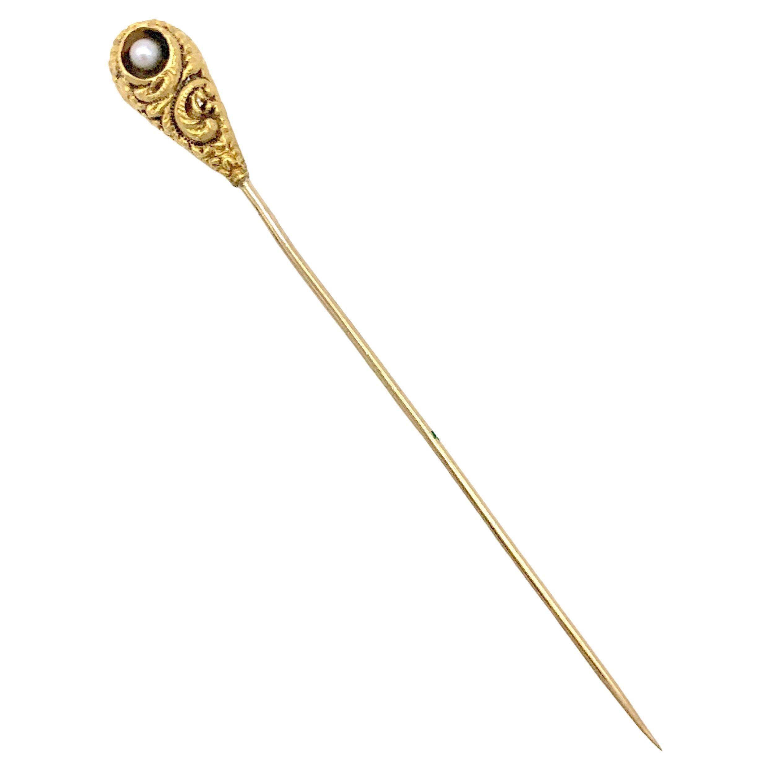 Antike 14K Gelbgold Stickpin Krawatten-Anstecknadel Perle 19. Jahrhundert  im Angebot