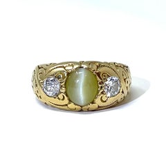 Antique 19th Century 14K Gold Cat's Eye Chrysoberyl and Diamond Gent's Ring