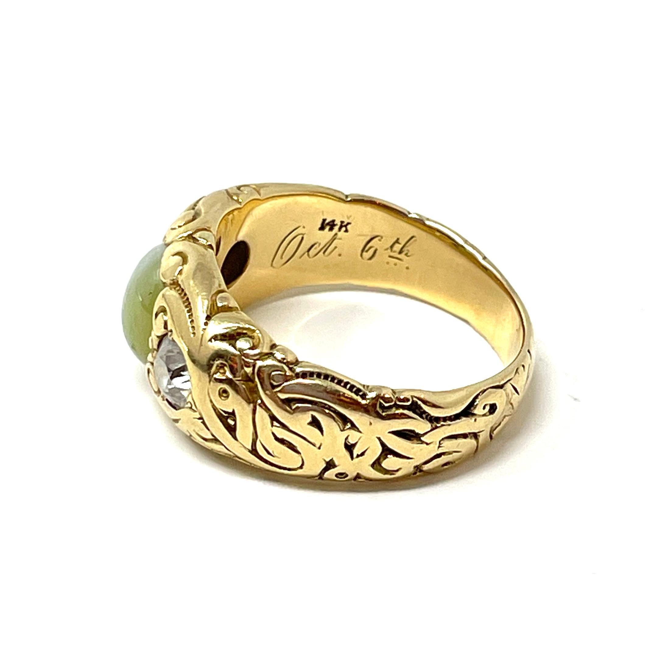 Antique 19th Century 14K Gold Cat's Eye Chrysoberyl and Diamond Gent's Ring 1