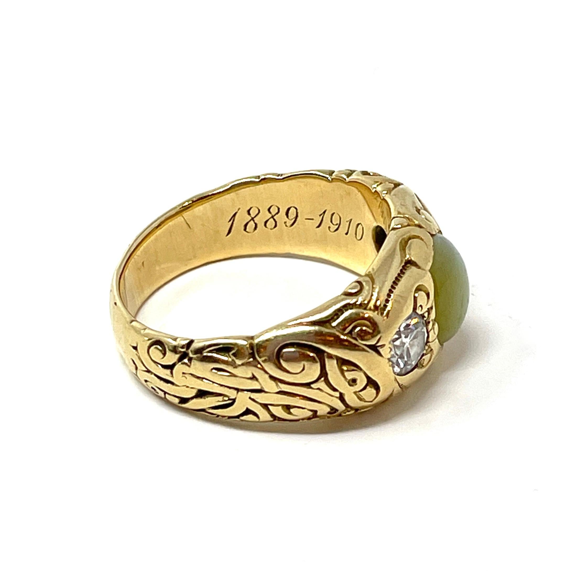 Antique 19th Century 14K Gold Cat's Eye Chrysoberyl and Diamond Gent's Ring 2