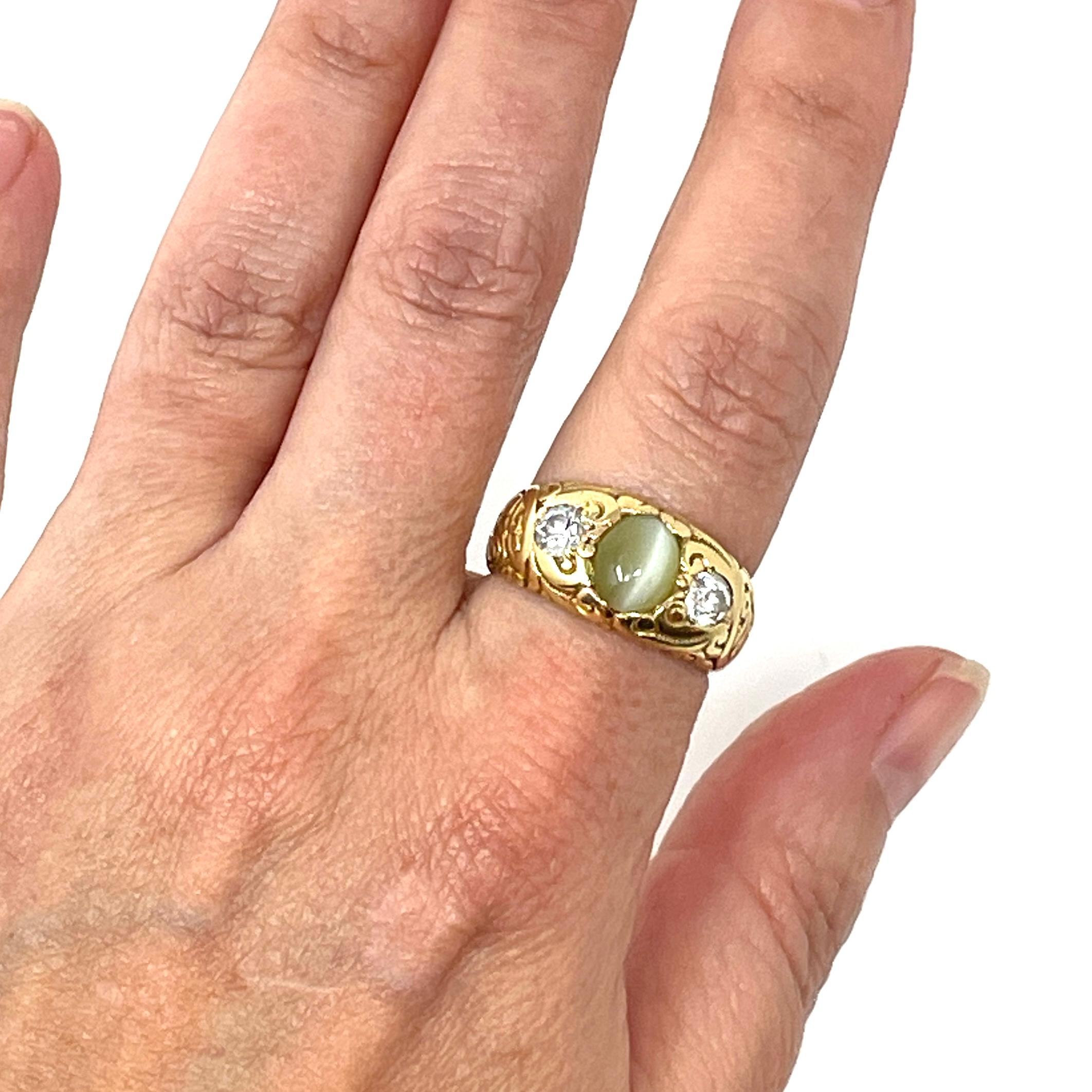 Antique 19th Century 14K Gold Cat's Eye Chrysoberyl and Diamond Gent's Ring 4