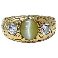 Antique 19th Century 14K Gold Cat's Eye Chrysoberyl and Diamond Gent's Ring