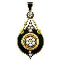Antique 19th Century 14K Gold Enamel, Pearl and Diamond Pendant