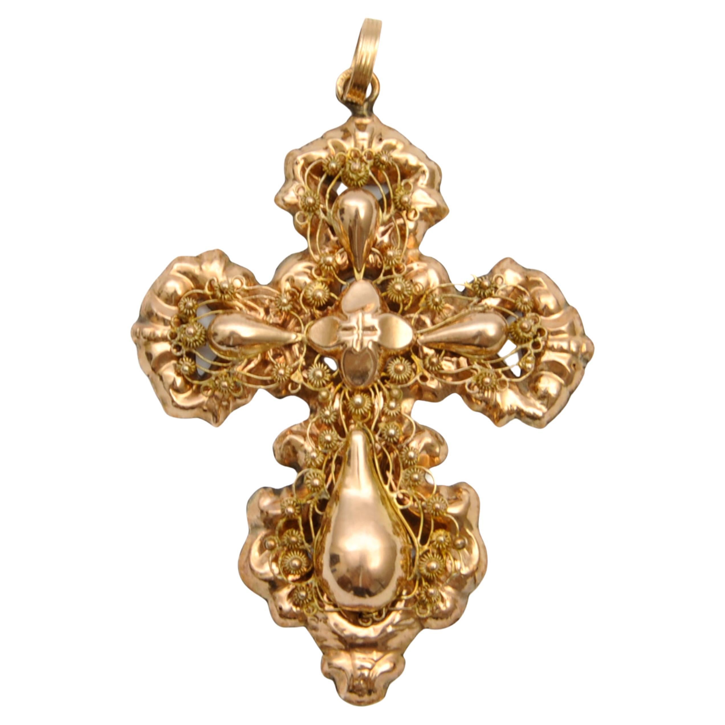 Antique 19th Century 14K Gold Filigree Cross Pendant For Sale