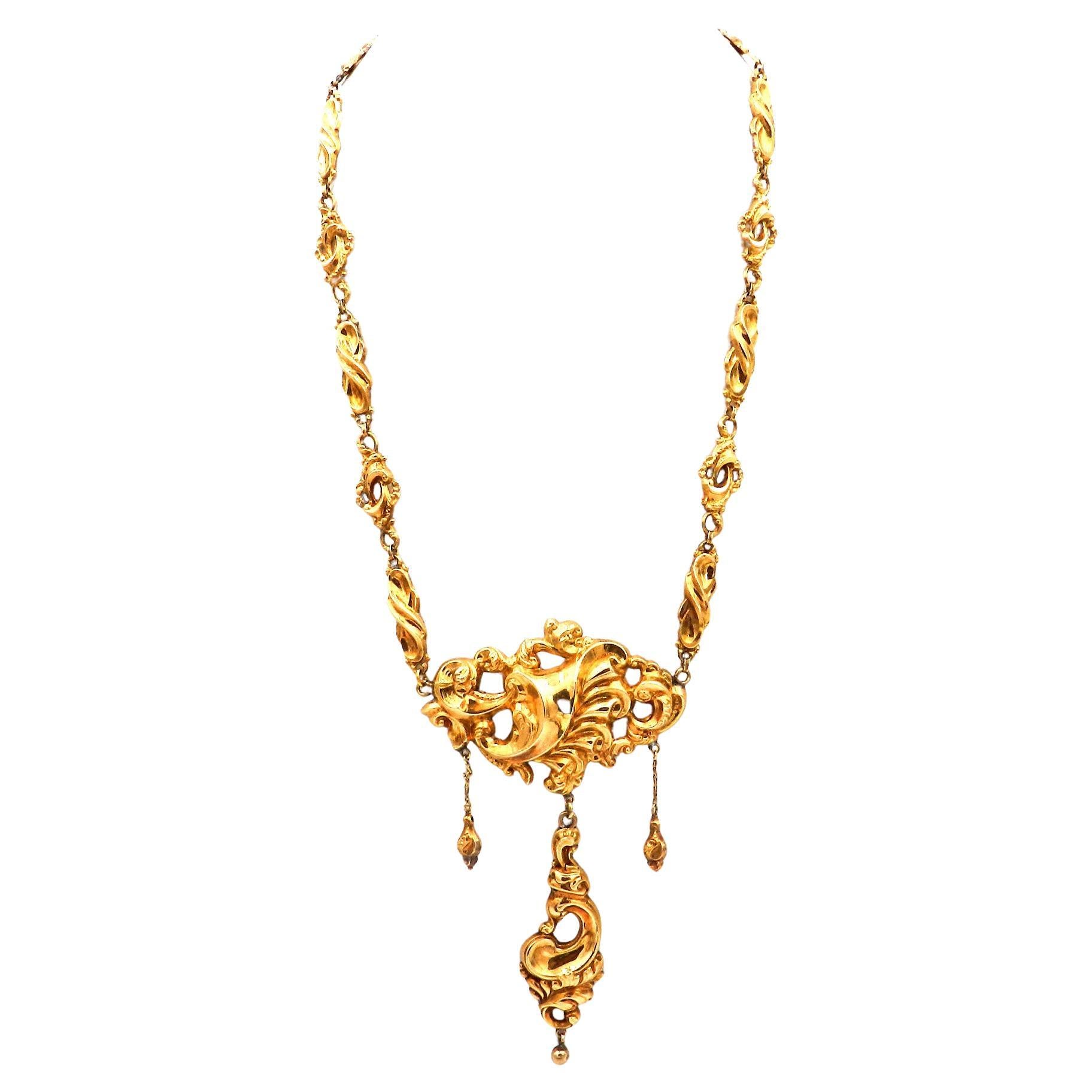 Collana antica in oro 14K del XIX secolo Biedermeier tedesco, circa 1845