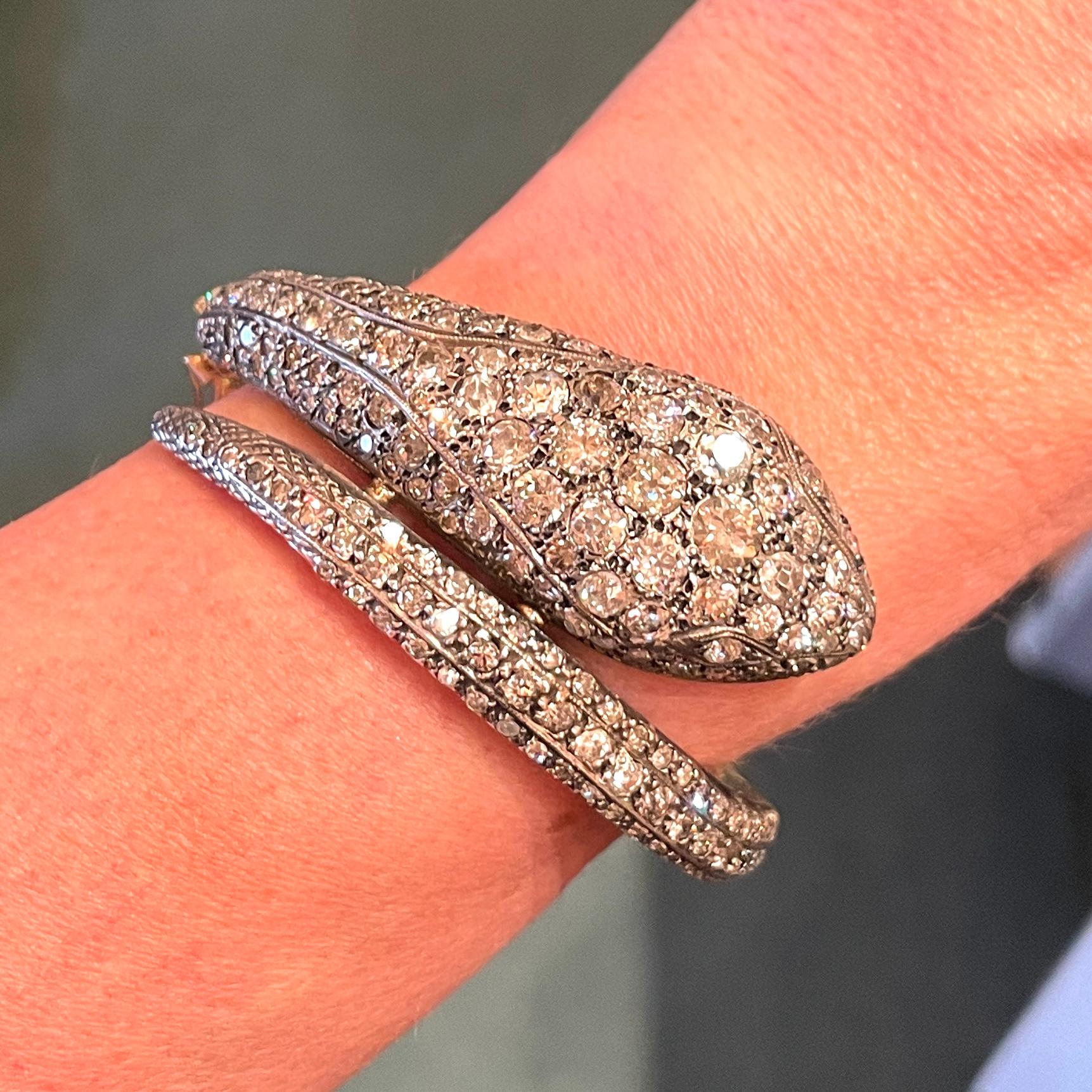 Antiker Schlangenarmreif aus 14 Karat Gold, Silber und Diamanten aus dem 19. Jahrhundert für Damen oder Herren