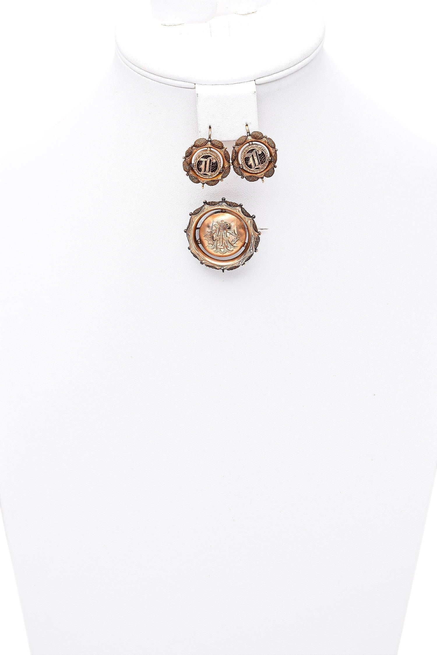 Antike 19. Jahrhundert 14K Rose Gold Trauer Brosche Pin Anhänger & Ohrringe Set (Viktorianisch) im Angebot