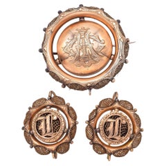 Antique 19th Century 14K Rose Gold Mourning Brooch Pin Pendant & Earrings Set