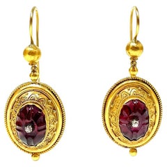Antique 19th Century 15 Carat Gold Garnet and Diamond Etruscan Revival Earrings
