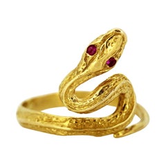 Antique 19th Century 18 Karat Yellow Gold Egyptian Snake Ring with 2 Ruby Eyes