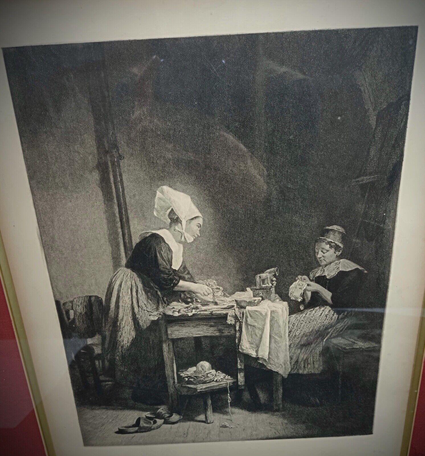 This antique 1873 engraving by Antonin Delzers is a fine example of 19th-century craftsmanship. Executed with meticulous detail using the burin technique, the piece showcases Delzers' mastery in capturing intricate textures and depth, characteristic